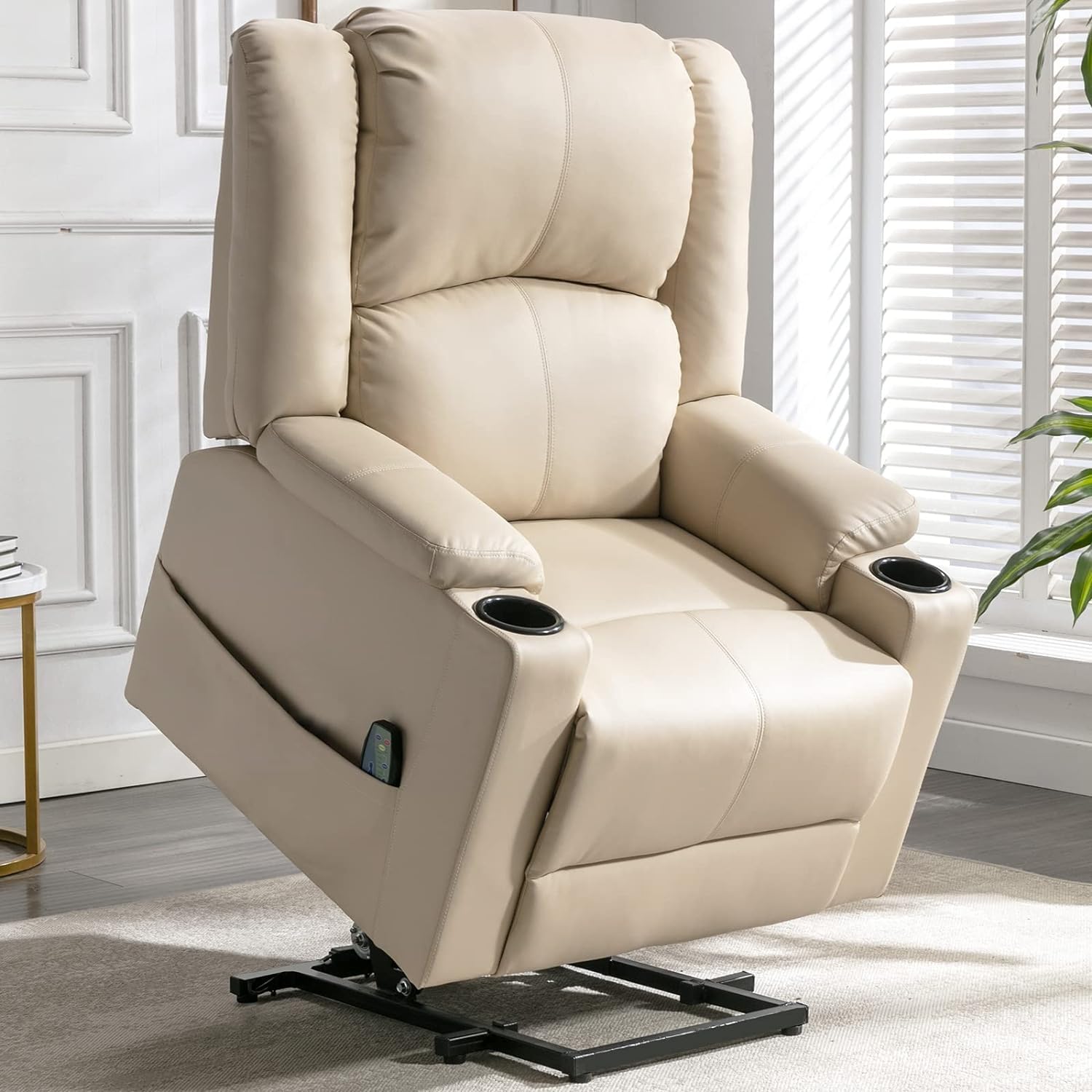 COMHOMA Power Lift Recliner for Elderly,Lift Chair with Heat and Massage，PU Recliner Sofa with 2 Side Pockets,Cup Holders and Infinite Position for Living Room,White