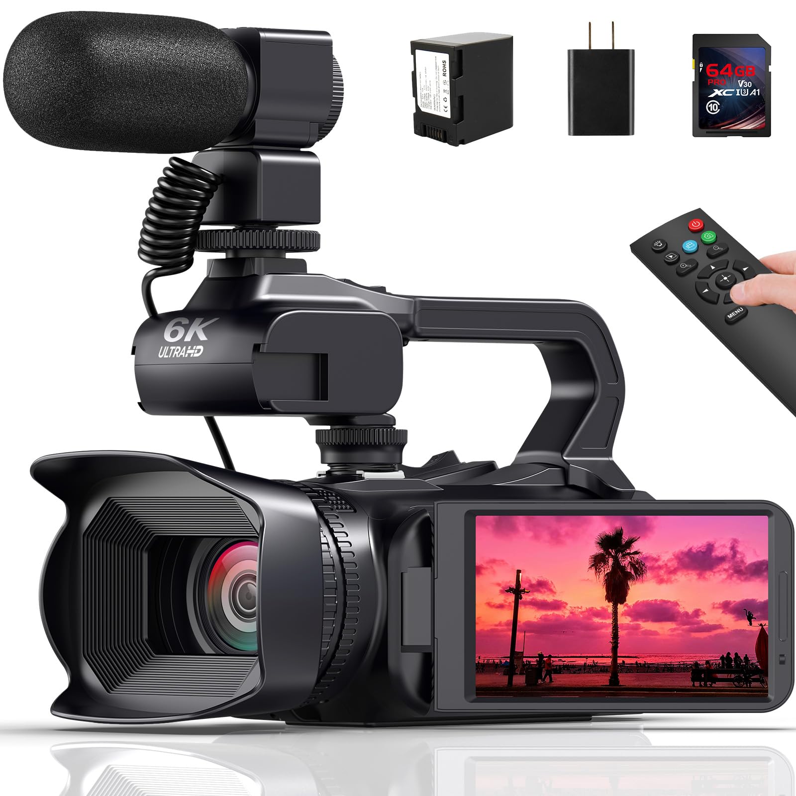 MERVNE 6K Video Camera Camcorder, 64MP 18X Digital Zoom IR Night Version Vlogging Camera for YouTube, HD WiFi Video Camera with 4500mAh Battery, SD Card, Stabilizer, Mic, Remote Control and Charger