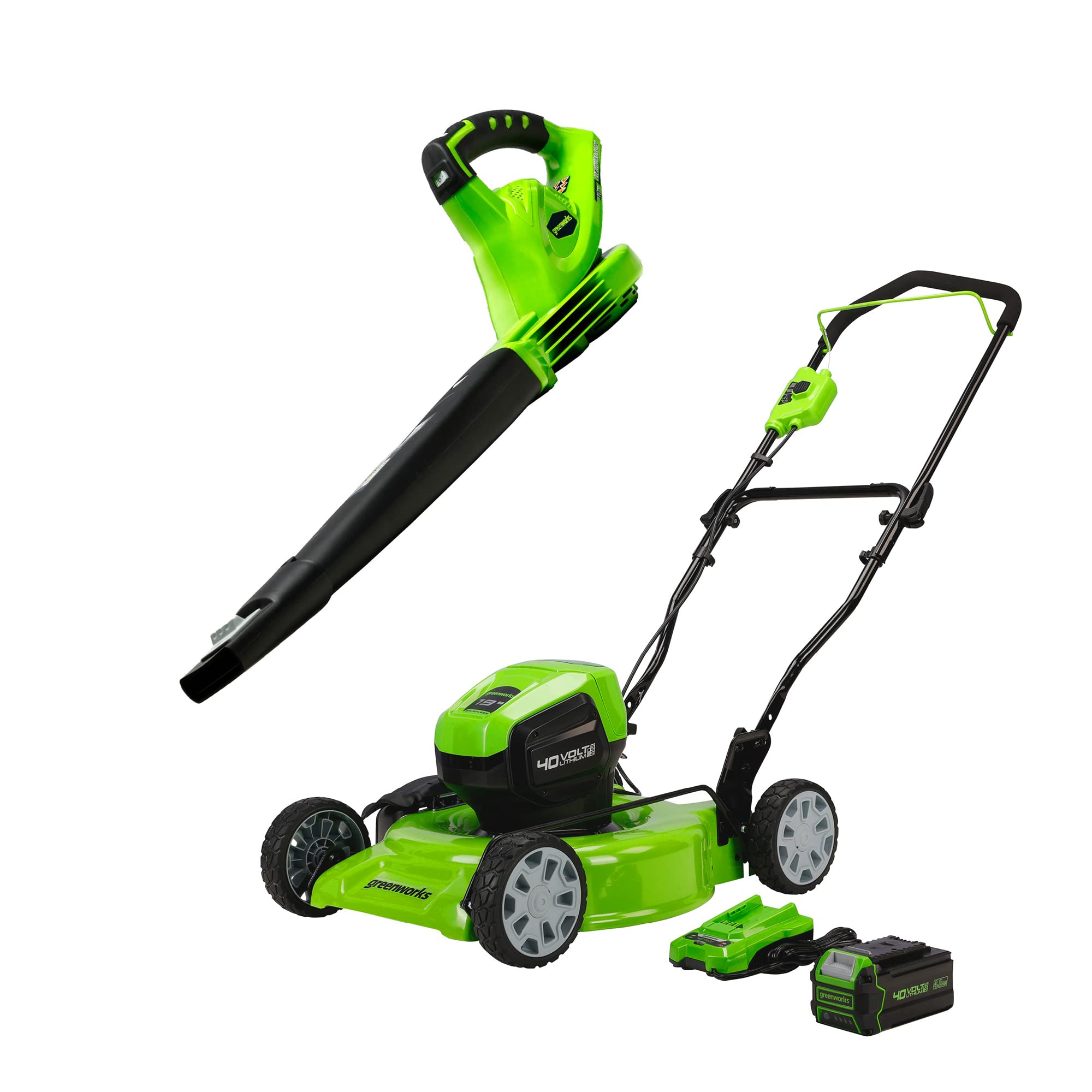 Greenworks 40V 19" Brushless Cordless Electric Lawn Mower, Sweeper, 4.0Ah Battery and Charger