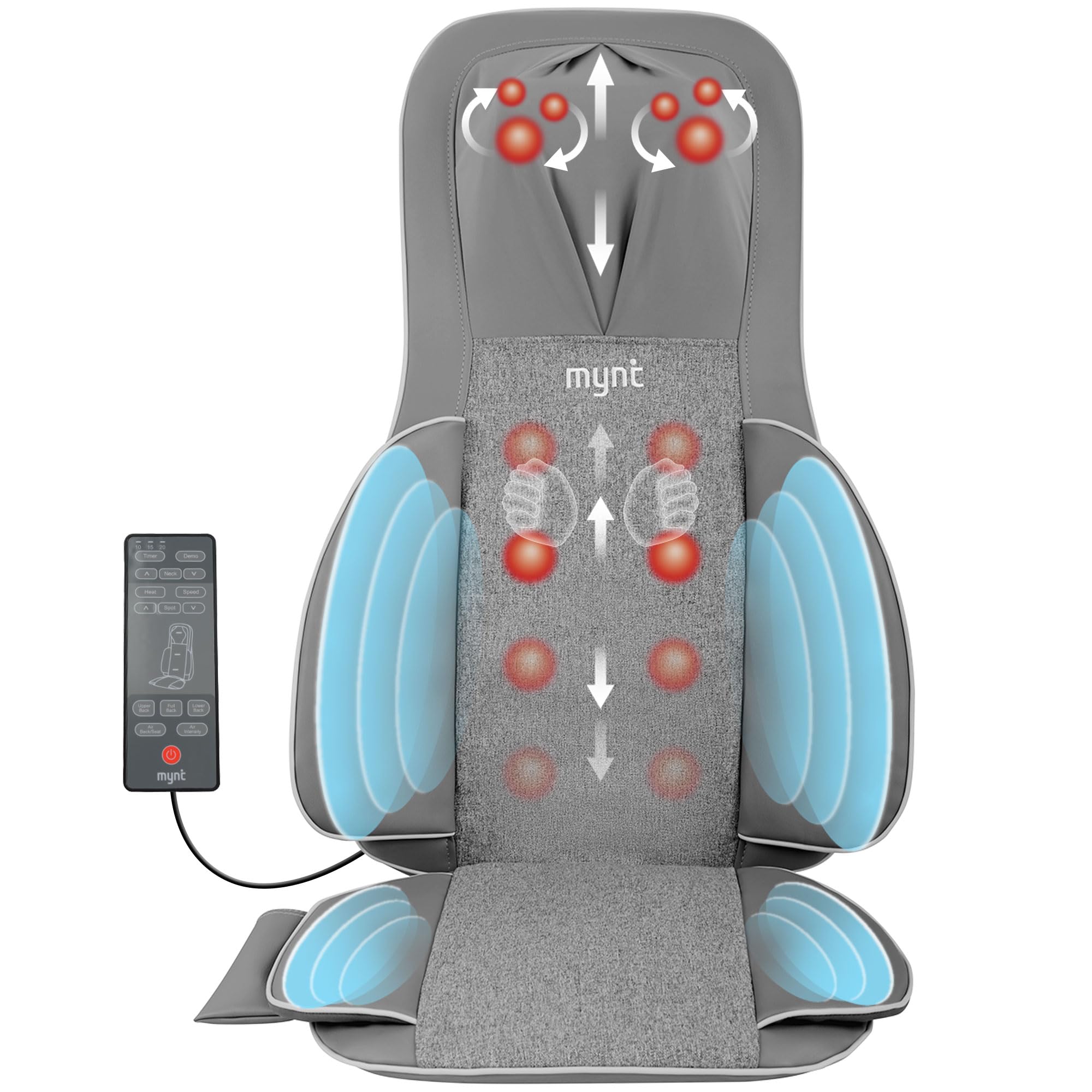 Mynt 3D Shiatsu Neck and Back Massager Cushion, Adjustable Compression Kneading Massage Chair Pad,Full Body Massager for Neck and Back,Shoulder,Thighs Gray