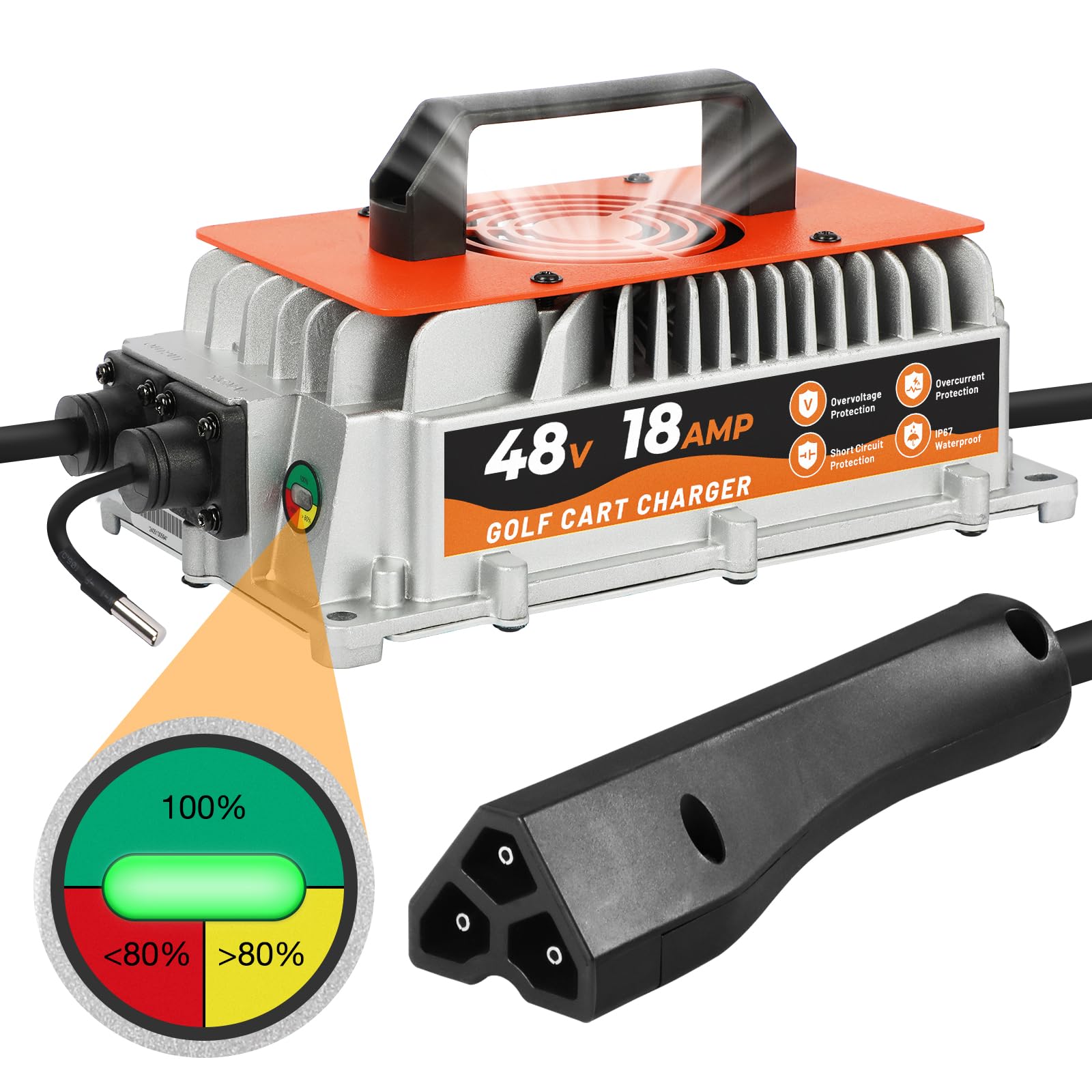 18 AMP 48 Volt EZGO RXV & TXT Golf Carts Battery Charger, Smart EZGO 48V Golf Cart Charger with 3-Pin Triangular Plug for Lead-Acid Battery, IP67 Waterproof, Temperature Monitor for EZGO RXV & TXT