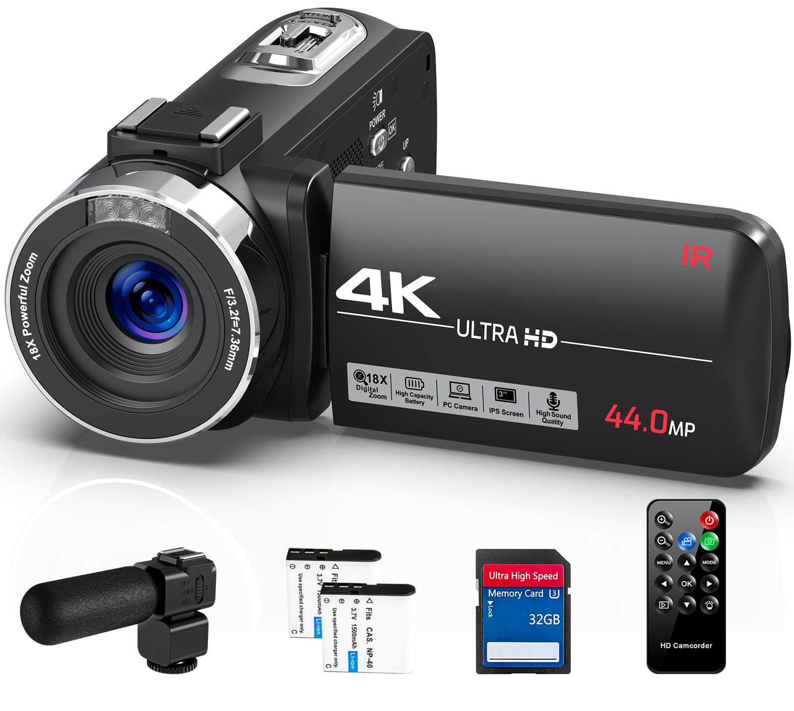 DINGETU 4K Video Camera Camcorder Ultra 44MP Vlogging Camera for YouTube 18X Digital Zoom Camcorder 3.0" IPS Screen IR Night Vision with External Mic, Controller, 2 Batteries and 32G SD Card