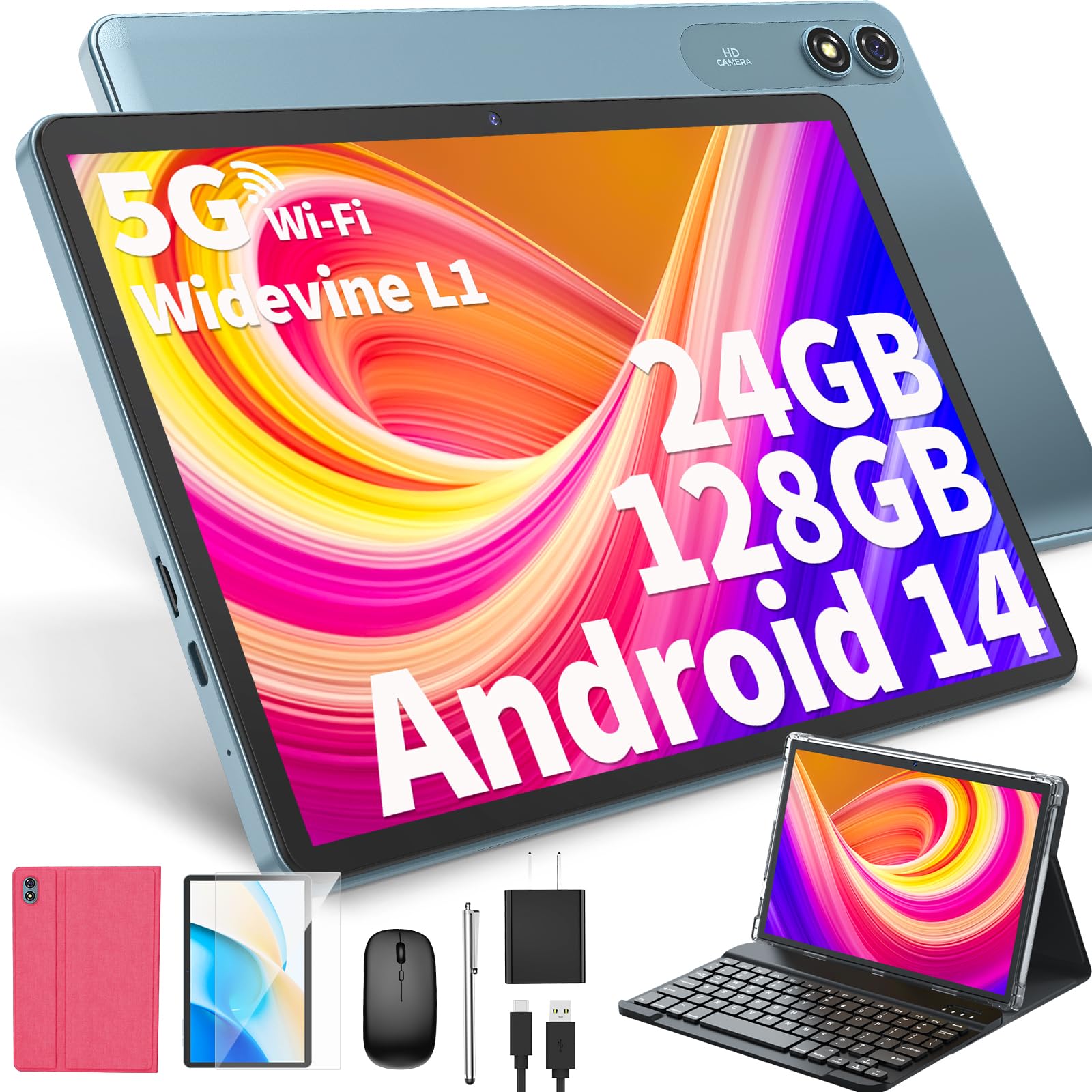 HISORL Android Tablet with Keyboard, Android 14 Tablet 10 inch with 24GB+128GB, 1TB Expand, 8-Core, 8000mAh, 5G WiFi, Widevine L1, GMS, 2 in 1 Tablet with Keyboard, Mouse, Stylus(Pink)