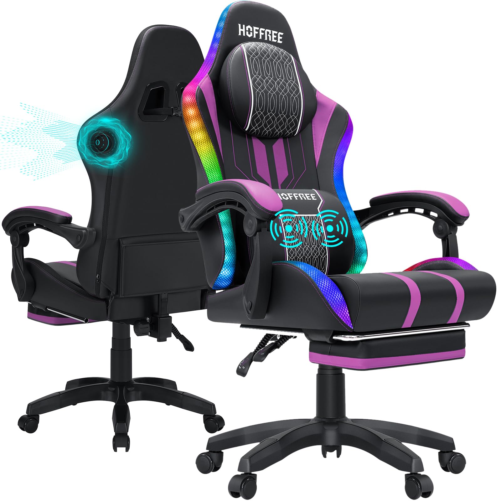 HOFFREE Led Gaming Chair Massage with Speakers Big and Tall Video Game Chair with Footrest for 400lbs Reclining High Back Computer Desk Chair Purple and Black