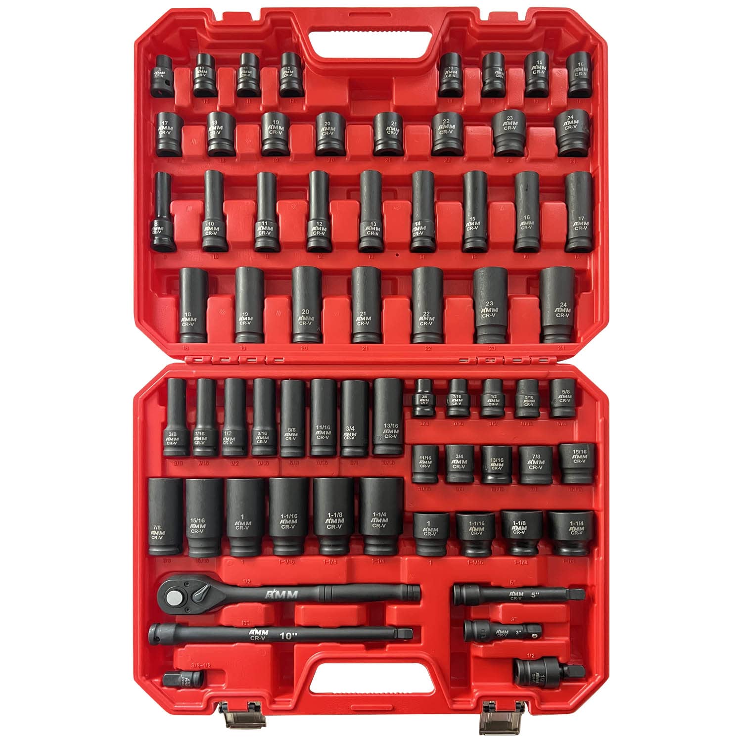 AMM 1/2-inch 66 Pieces Impact Socket Master Set, SAE & Metric from 5/16"-1-1/4",8-24mm, Shallow/Deep Socket Set with Ratched Hand, Extension Bar and Adapters，Cr-V steel