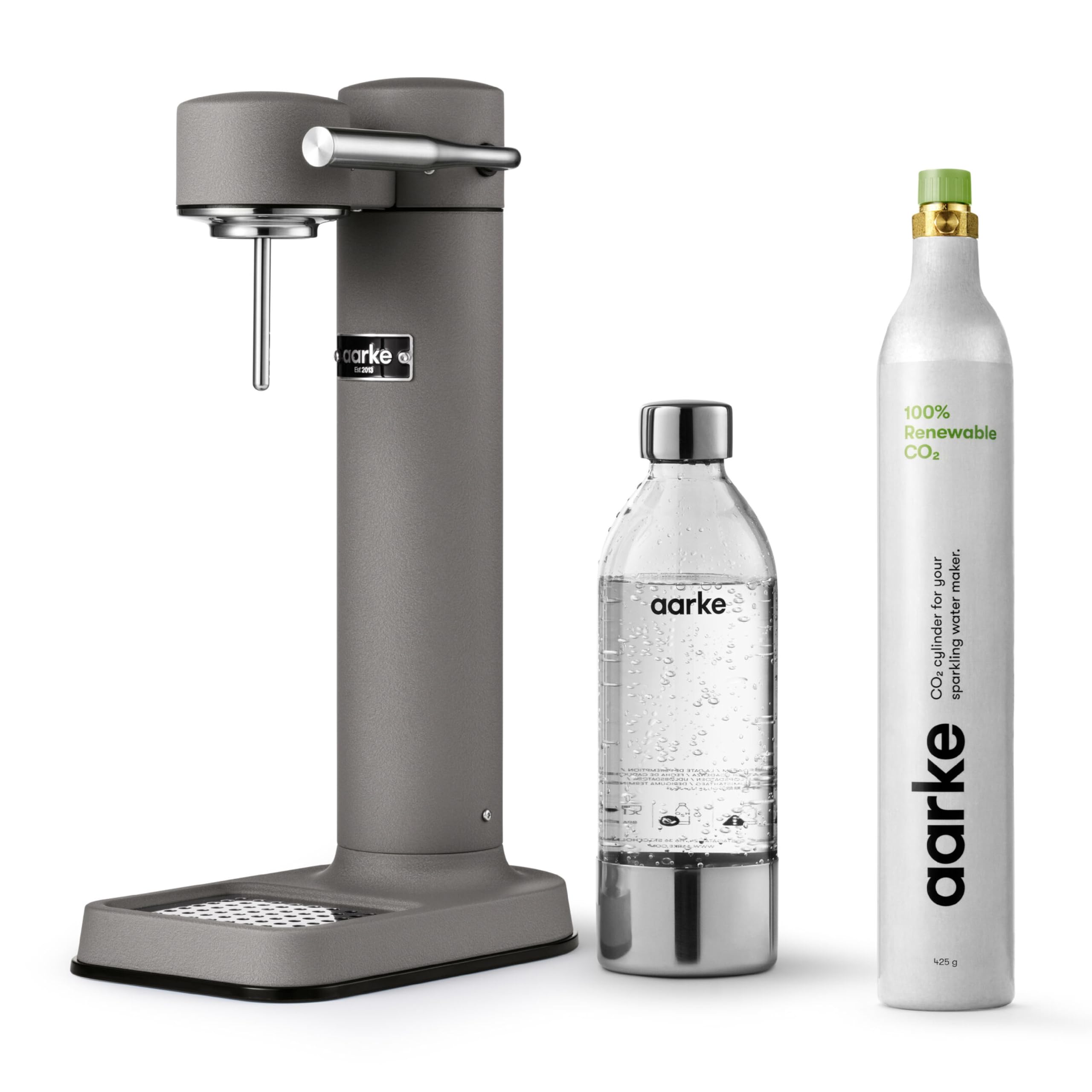 aarke Carbonator lll with CO2 Cylinder, Sparkling & Carbonation Water Machine, Stainless Steel with PET BPA-Free Reusable Bottle Volume 800 mL (Matte Grey)