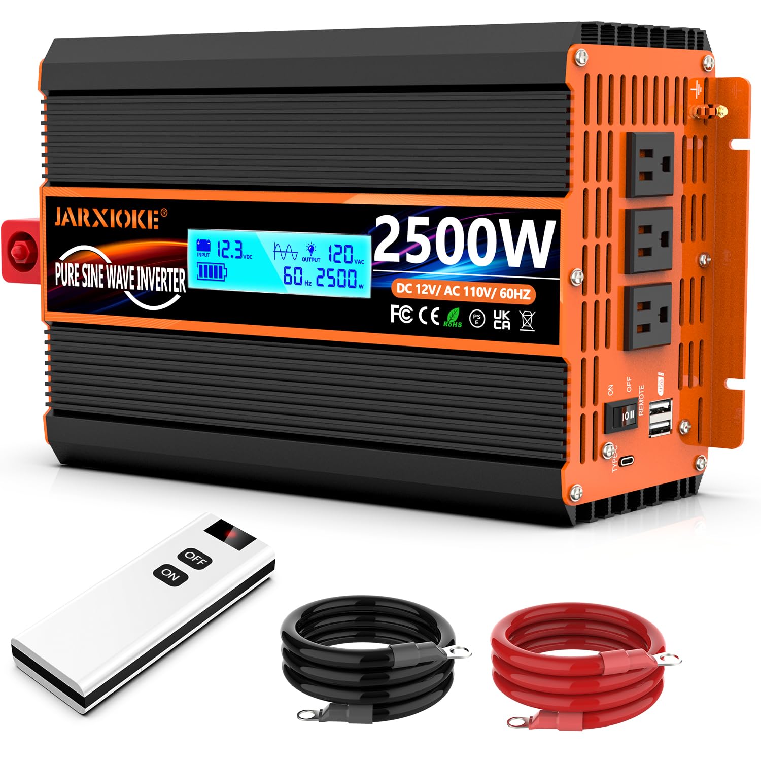 2500 Watt Pure Sine Wave Power Inverter 12V DC to 110V 120V Converter for Family RV Off Grid Solar System Car with Type-C Ports 3 AC Power Outlets Dual USB Ports LCD Display and Remote Control