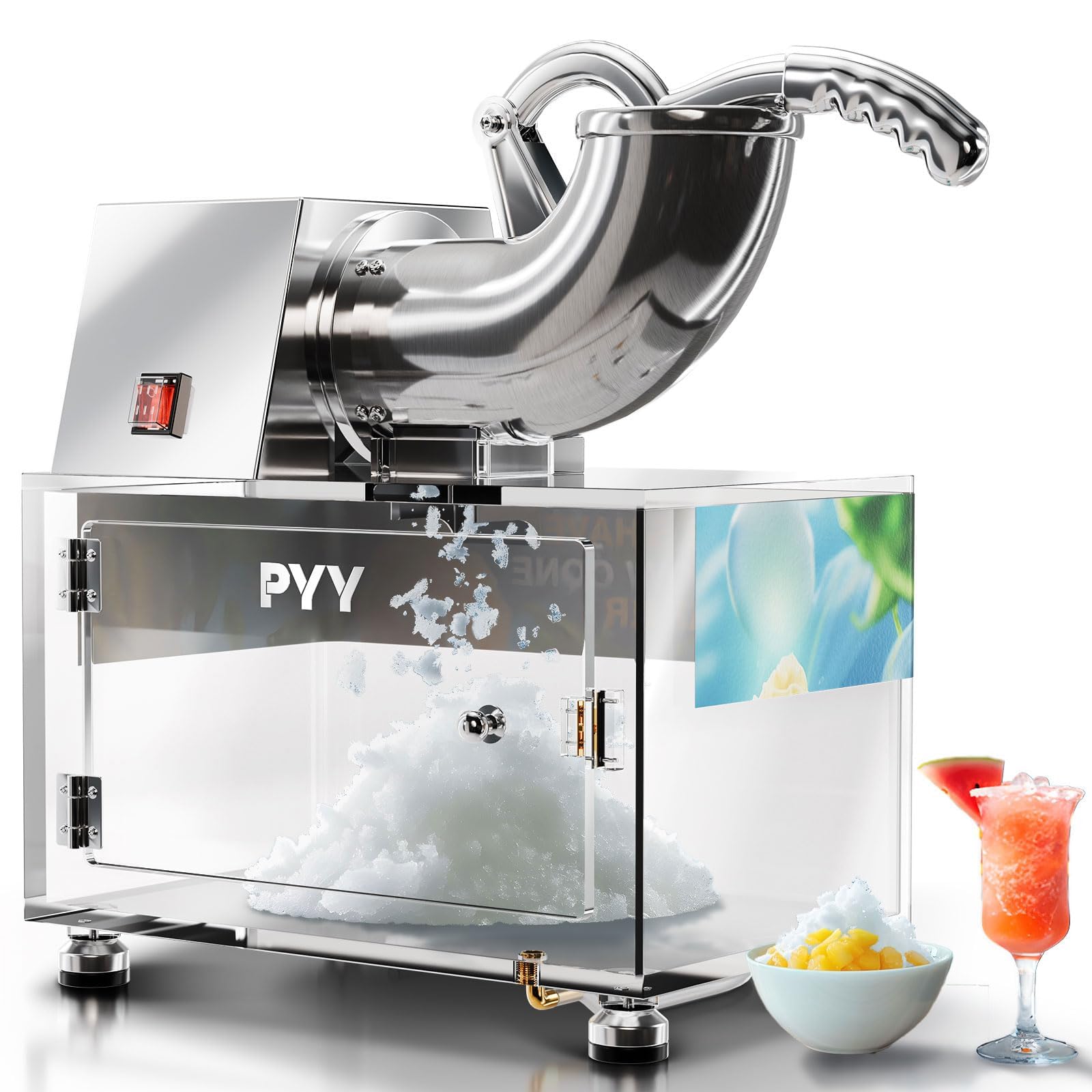 PYY Snow Cone Machine - Commercial Ice Crusher Shaver, Electric Crushed Shaved Snowcone Maker, 440LBS/H 1400RPM All-Copper Motor, Stainless Steel Full Body, Dual Blades, Acrylic Box and Drain Pipe