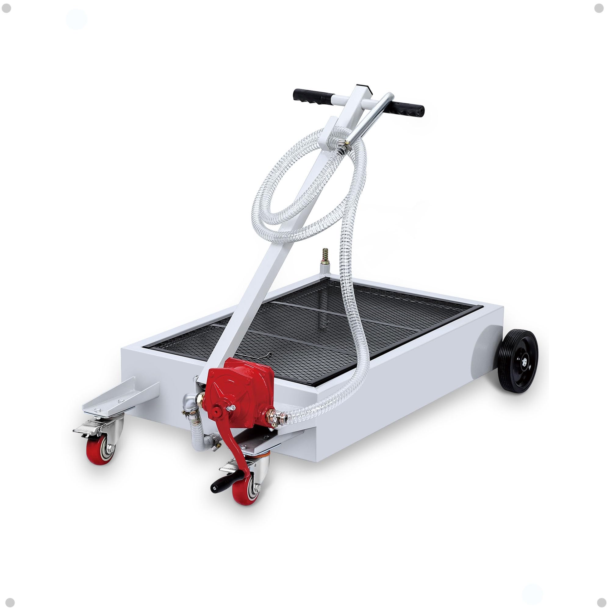 KYBOLT 15 Gallon Oil Drain Pan with Pump & 8 Ft Hose, T Folding Handle & Low Profile Rolling Oil Drain Cart for Truck Cars SUVs, Metal, White