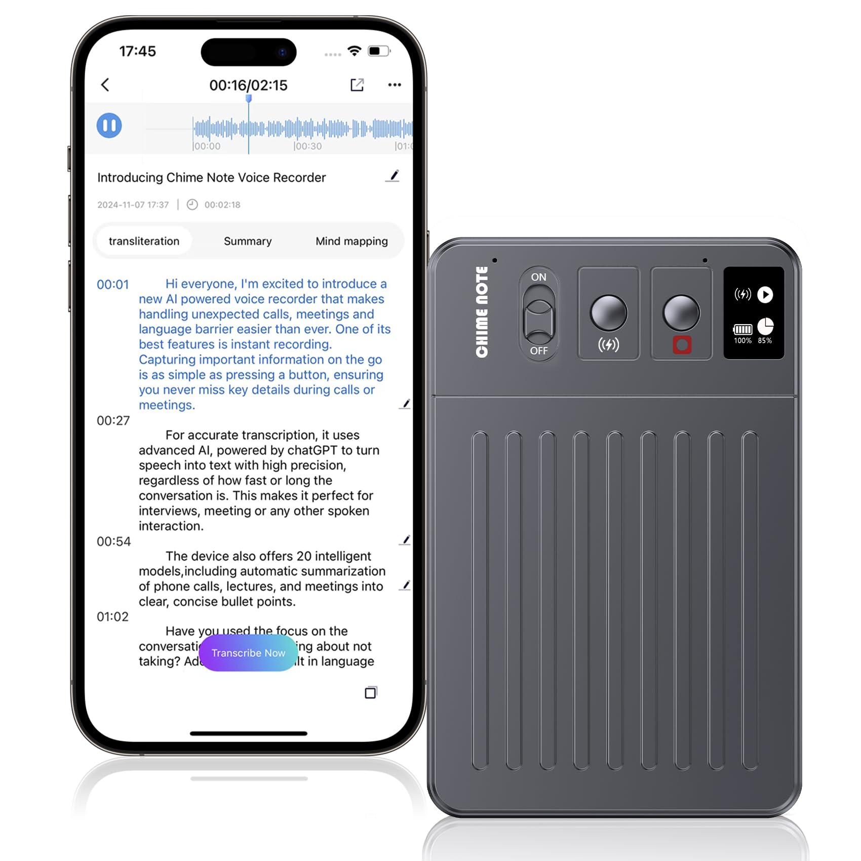 AI Voice Recorder, Audio Recorder, No Fee for Transcribe & Summarize Empowered by ChatGPT, APP and WEB Sync, Support 107 Languages, 64GB Memory, Voice Activated Recorder for Lectures/Meeting/Call-Grey