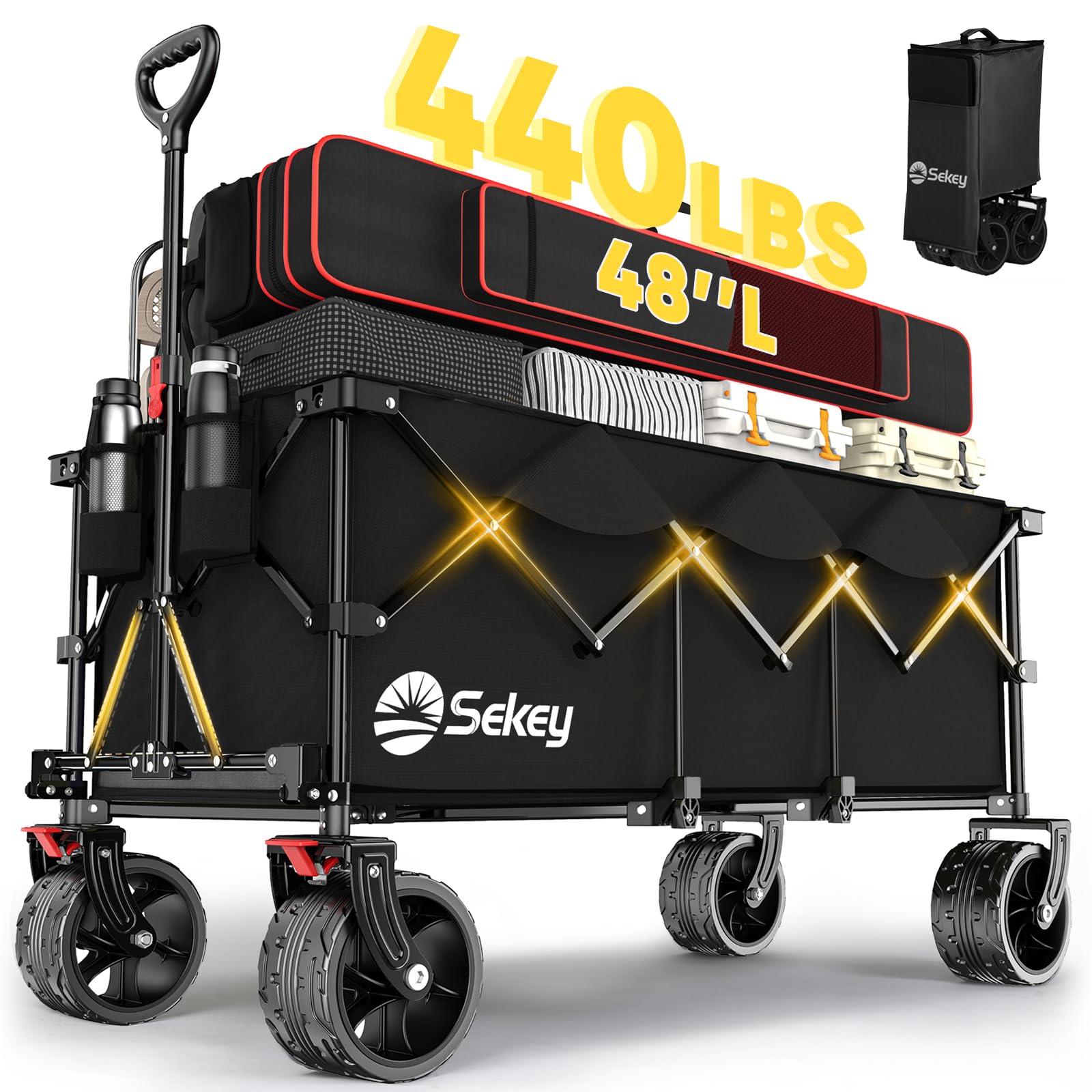Sekey 48''L Collapsible Foldable Extended Wagon with 440lbs Weight Capacity, Heavy Duty 300L Folding Utility Garden Cart with Big All-Terrain Beach Wheels & Drink Holders. Black