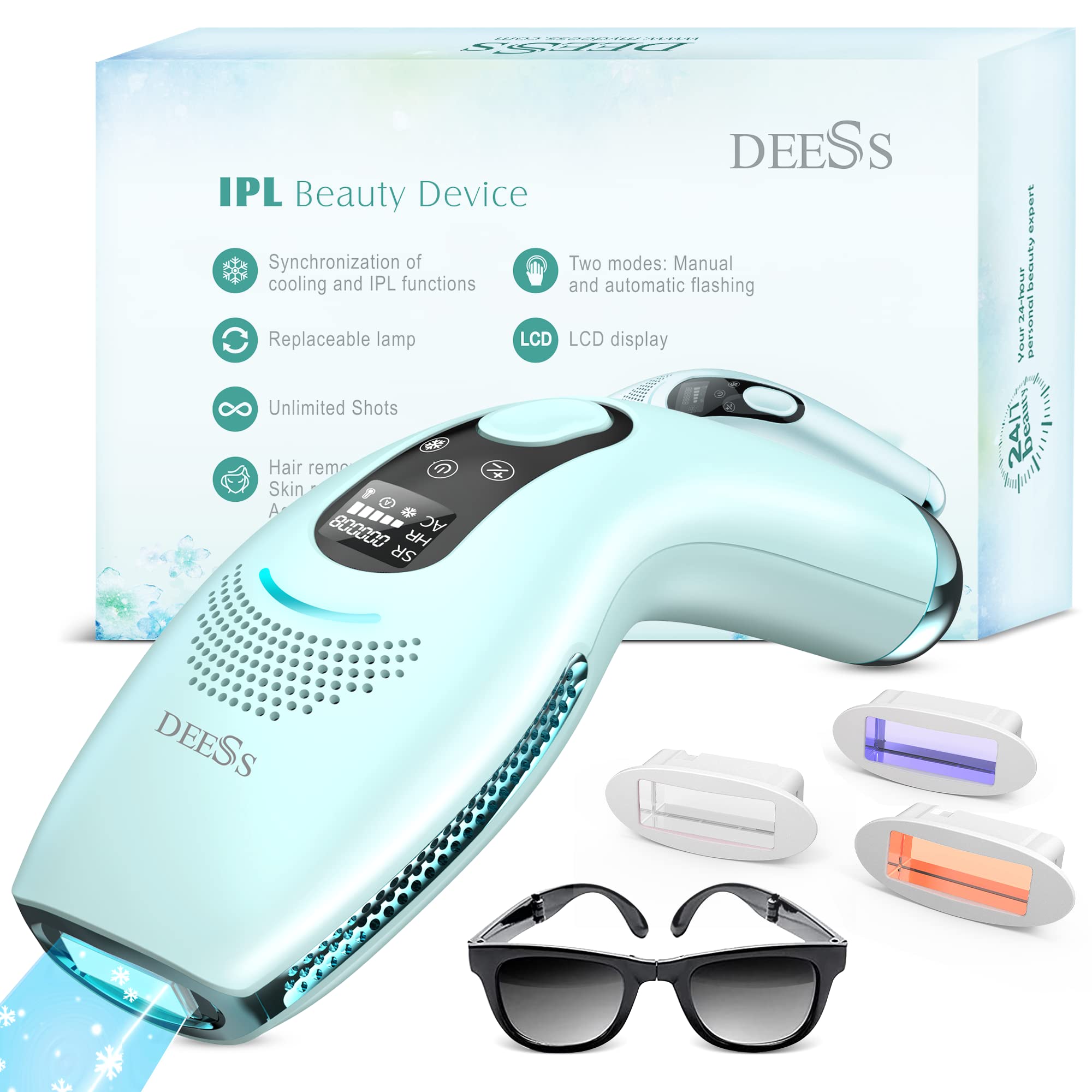 DEESS Laser Hair Removal with Cooling System, GP590 IPL Hair Remover for Women and Men, 45°F ICE Compress Contact, Safety Mis-touch Sensor, at Home Painless Hair Removal Device for Face & Whole Body