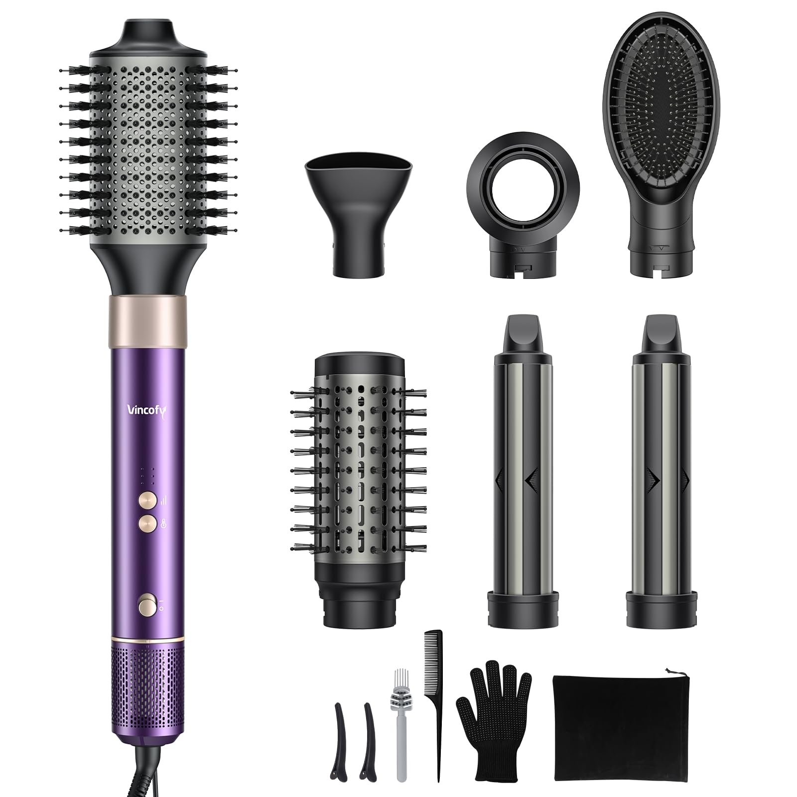 Vincofy 7 in 1 Blow Dryer Brush and Hair Dryer, Hot Hair Styler with Negative Ion 110,000 RPM Hair Straightener Brush for Fast Drying Straightening Curling Voluming, Suitable for All Types,Purple