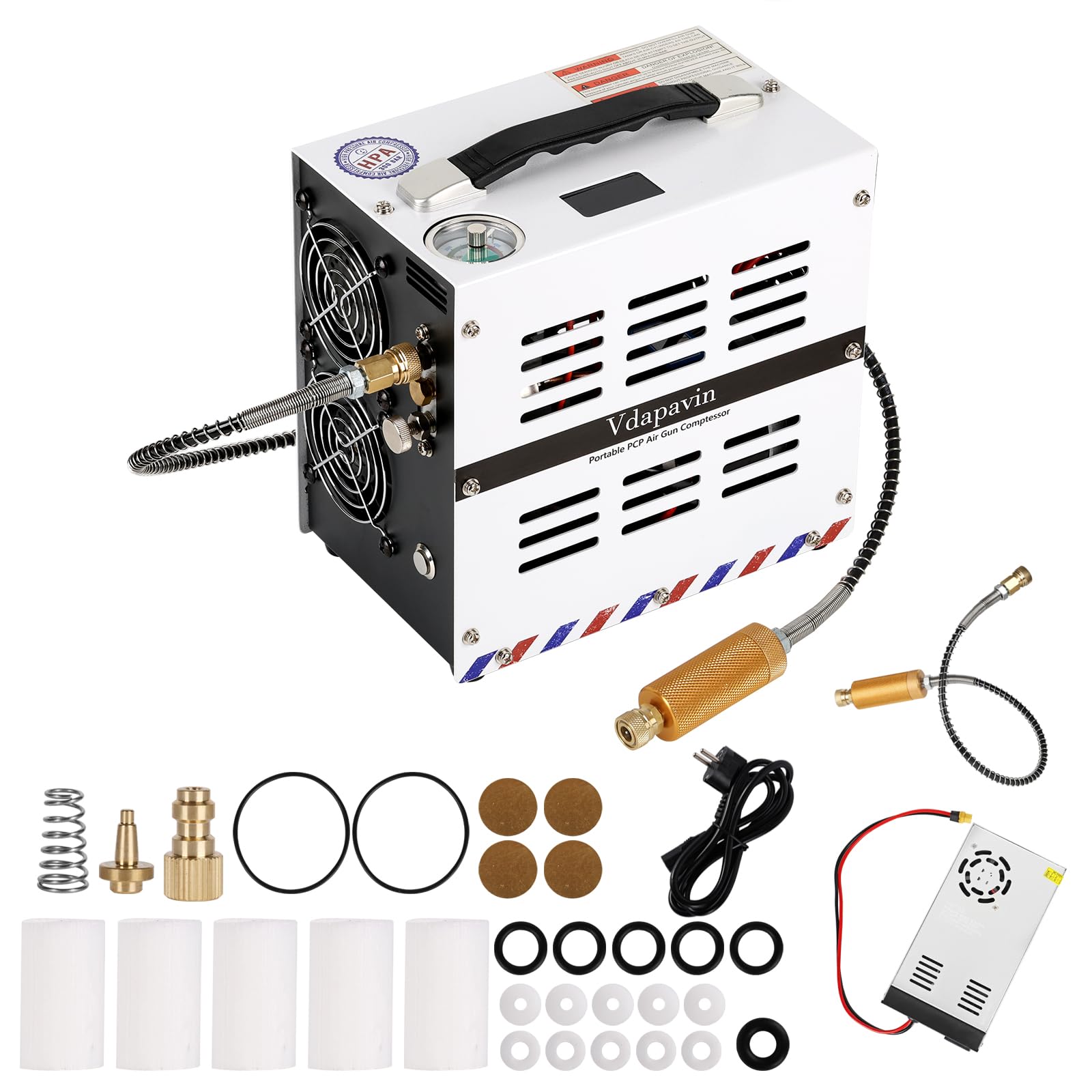 Vdapavin PCP Air Compressor, Auto-Stop 4500Psi/30Mpa,Oil/Water-Free,Powered by 1* Lithium-Ion 18V Battery(Not Included) or Home 110V AC,High-Speed Motor Paintball Tank PCP Compressor