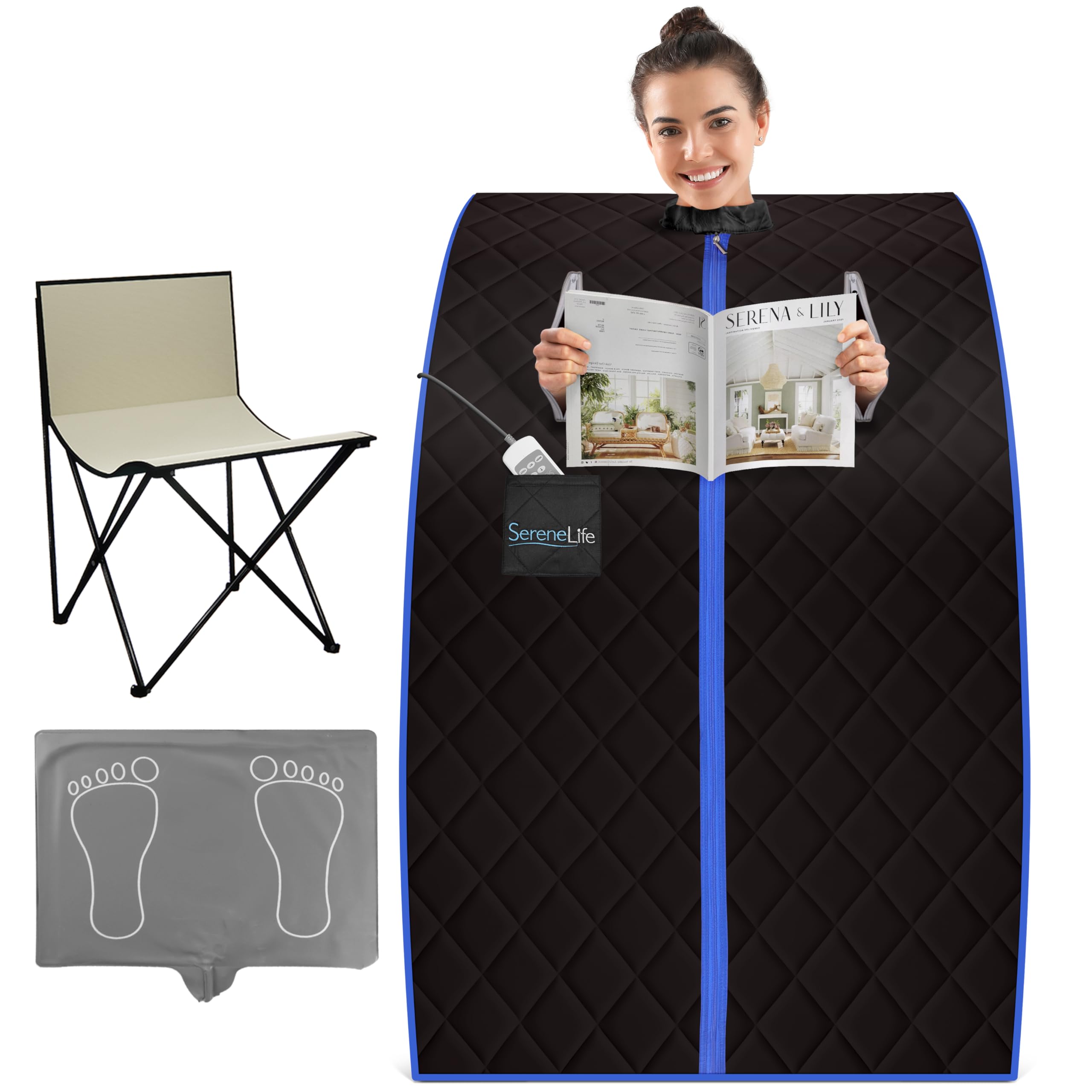 SereneLife Portable Sauna for Home, Infrared Sauna Tent with Heated Foot Pad and Folding Chair, Compact Personal Rejuvenation Sauna, Remote Control in-Home Spa, 38" x 32” - (Black)