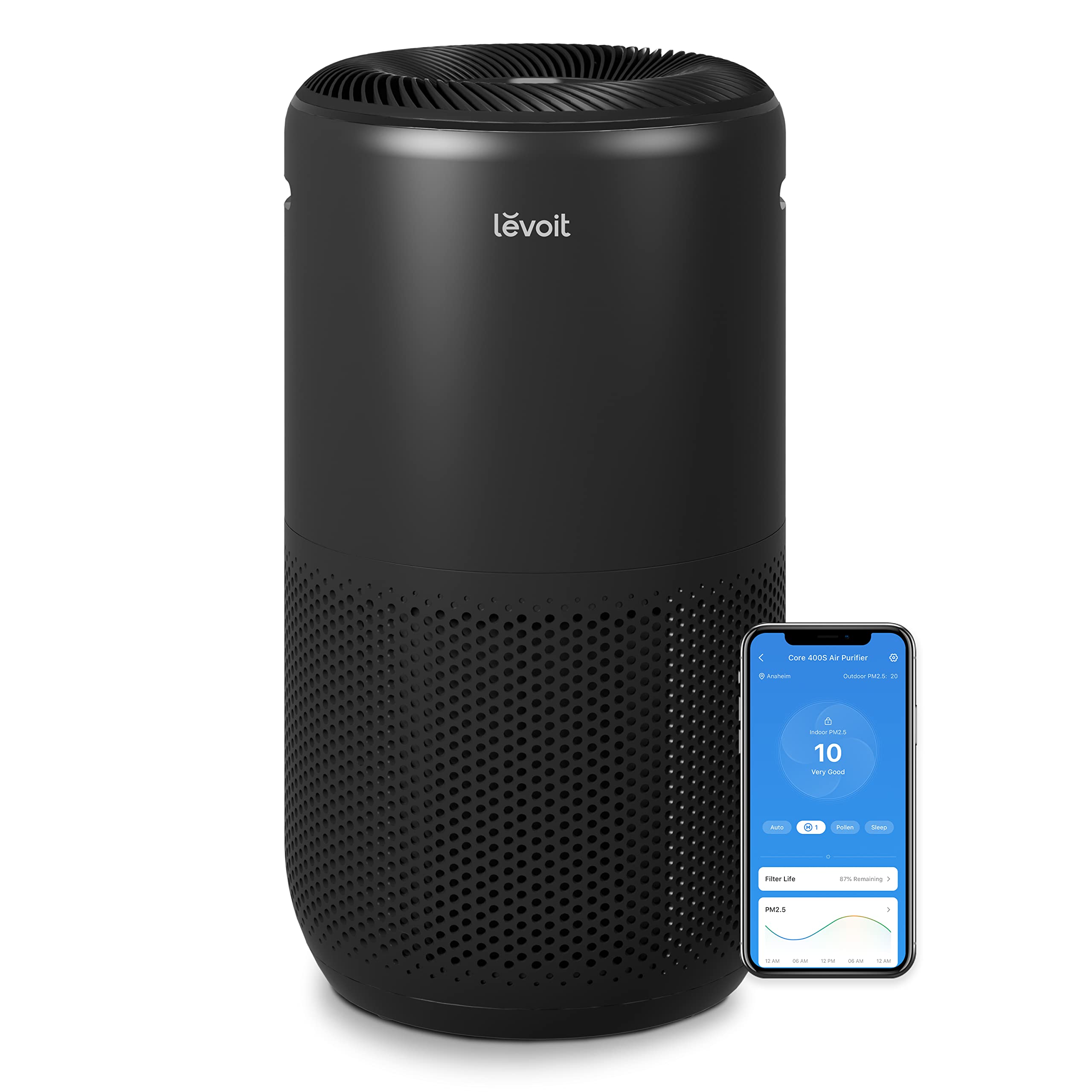 LEVOIT Air Purifiers for Home Large Room Up to 1980 Ft² in 1 Hr With Air Quality Monitor, HEPA Sleep Mode, Auto Mode, Smart WiFi, 3-in-1 Filter Captures Pet Allergies, Smoke, Dust, Core 400S-P, Black