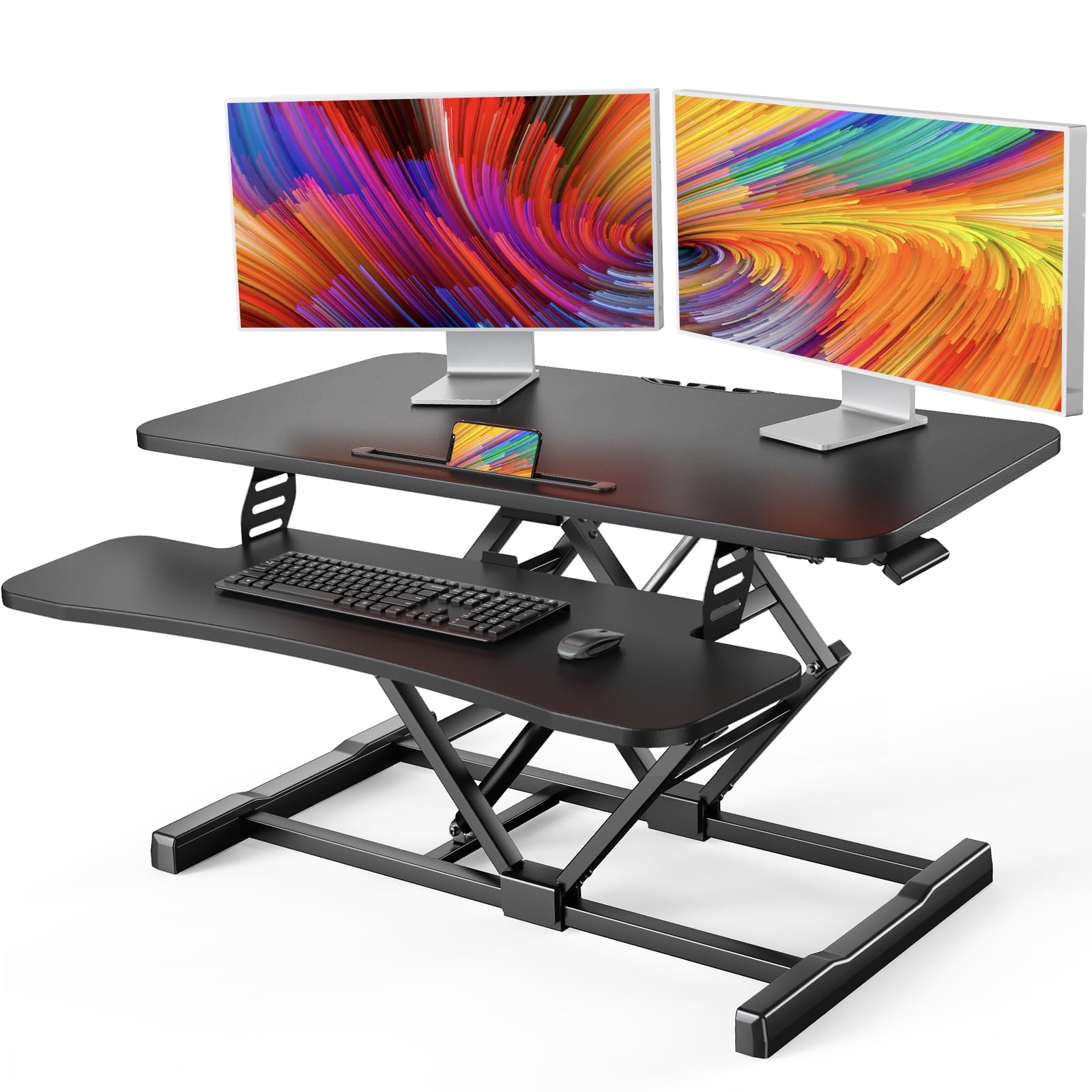 HUANUO Standing Desk Converter, 32” Sit to Stand Desk with Keyboard Tray, Height Adjustable Stand Up Desk Riser for Home Office, Dual Monitor and Laptop Workstation, Black