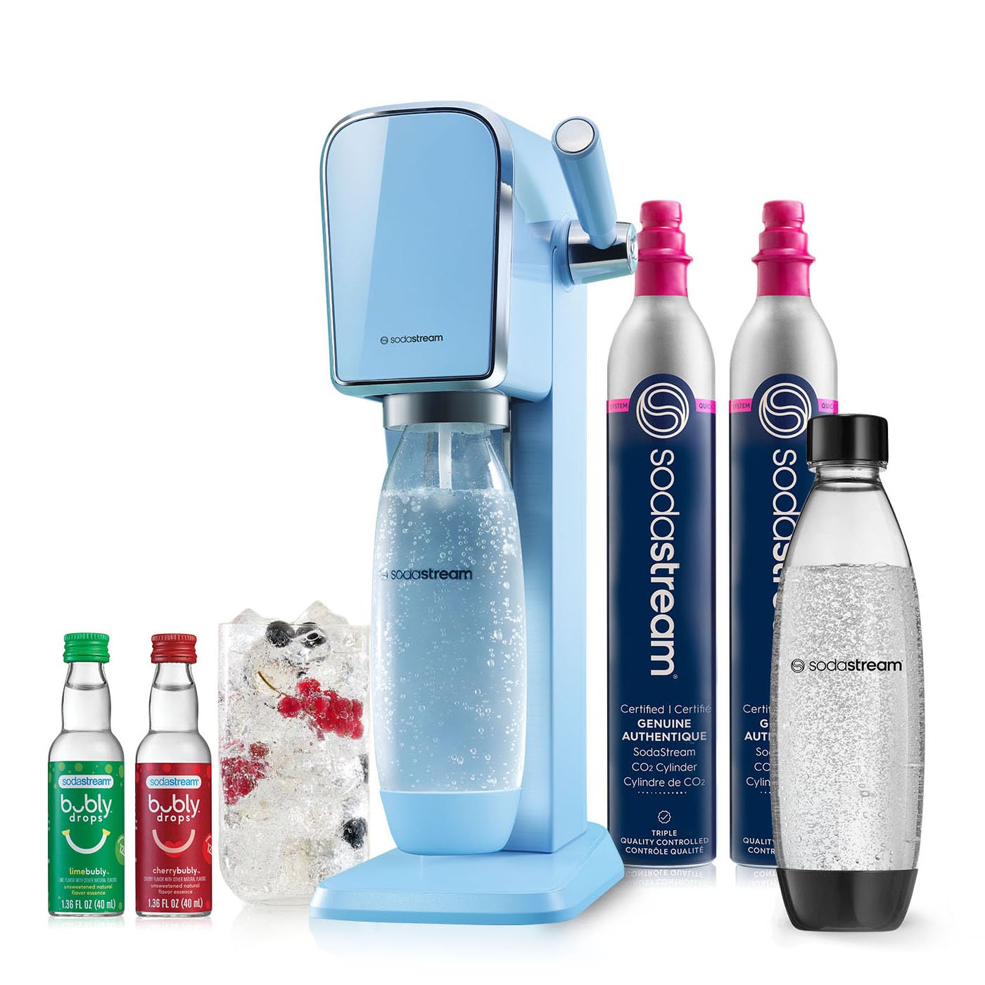 SodaStream - ART Sparkling Water Maker | VALUE BUNDLE | CQC CO2 system | Includes 2x CO2 Cylinders, 2x 32 Fl Oz Dishwasher Safe Bottles, 2x Bubly Flavor Drops | Combine with Pepsi Flavors | Misty Blue