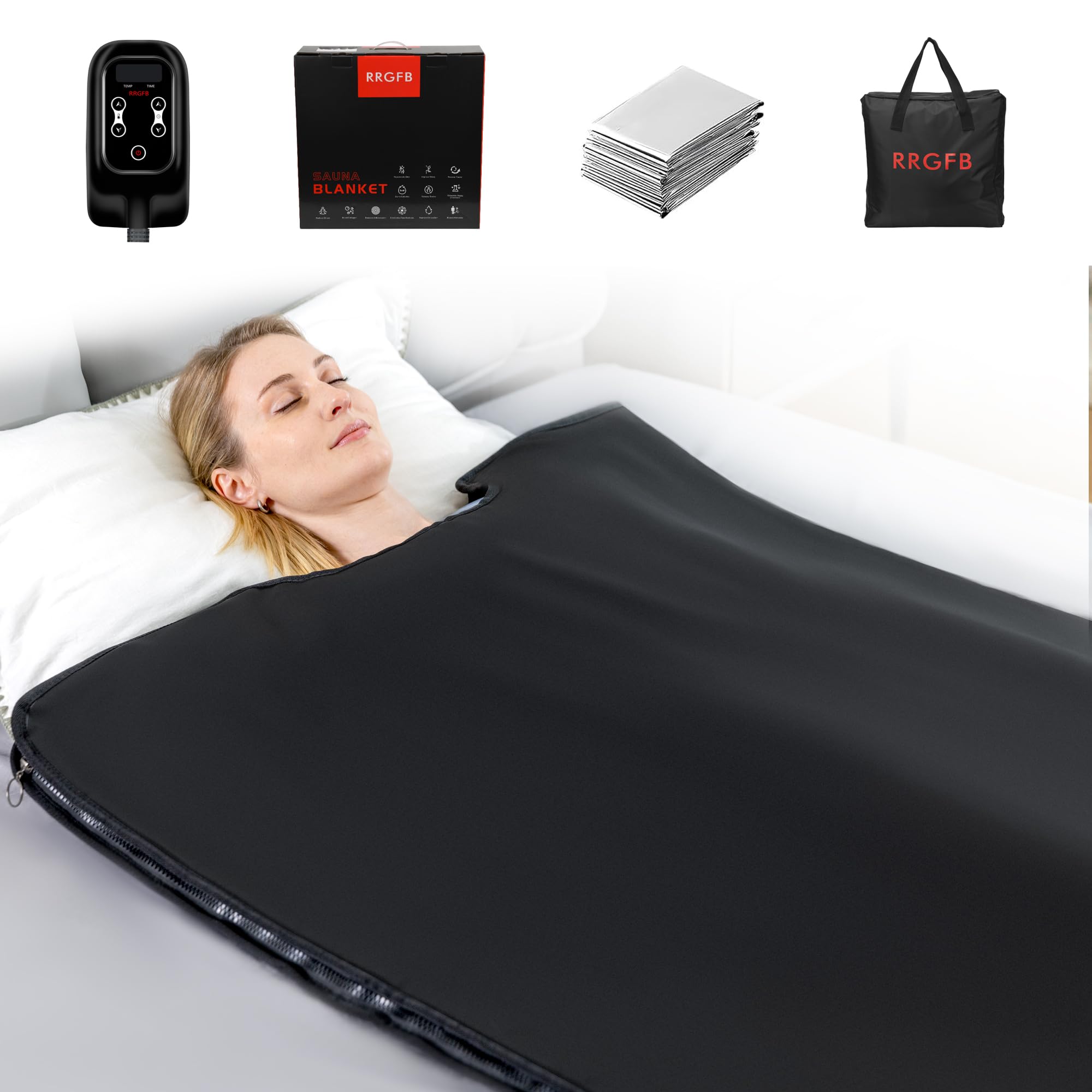 RRGFB Low EMF Portable Infrared Sauna Blanket for Detox and Home Relaxation, Adjustable 1-60 Min Timer, 95-167℉ Temp Range, 6 ft x 2.95 ft, Durable PU Leather Cover