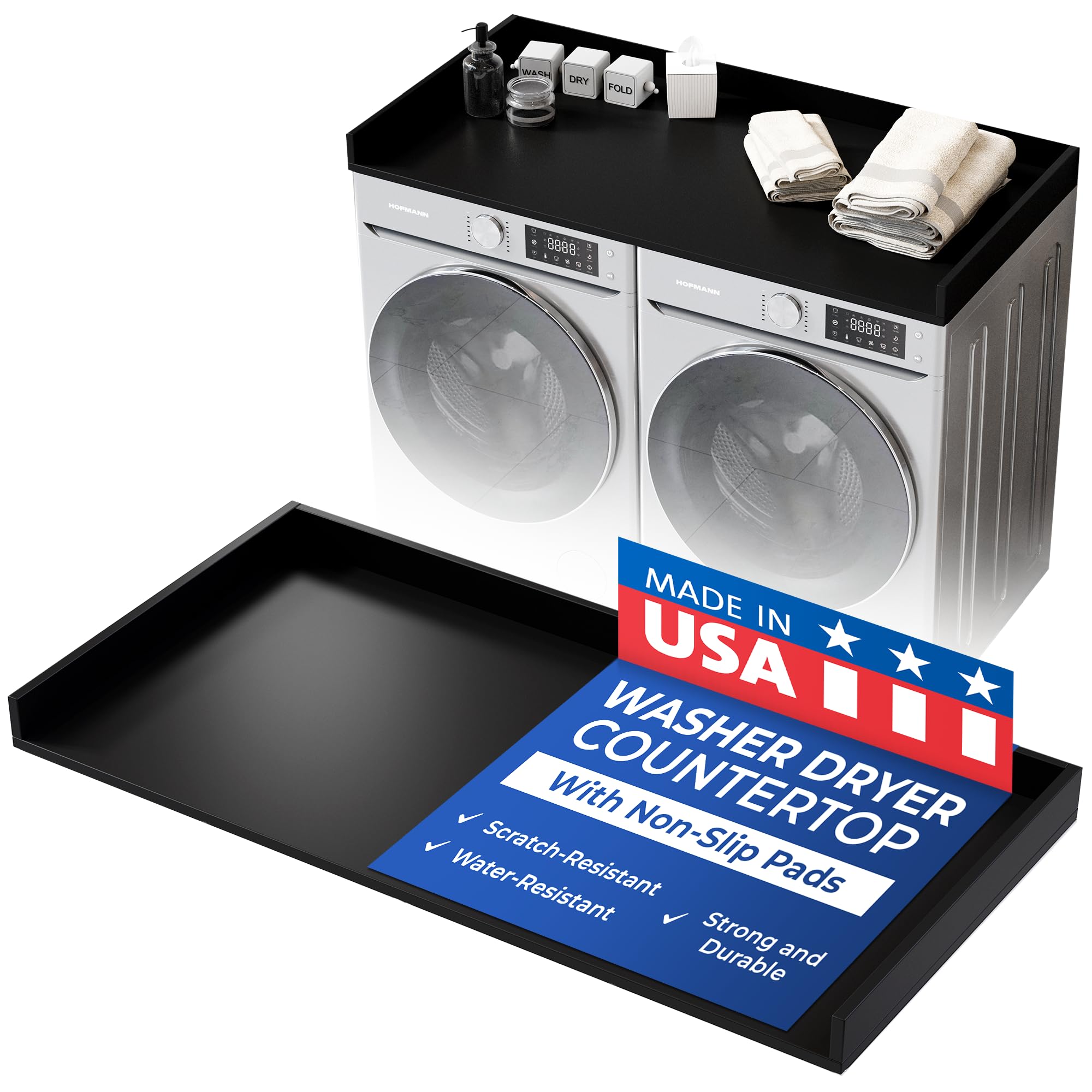 OfficeSimpli Washer Dryer Countertop, Made in USA, Non-Slip Pads, Laundry Room Wood Topper, Washer Dryer Cover for Top, Laundry Guard, Laundry Countertop, Laminate (Black, Standard (27.5" x 54"))