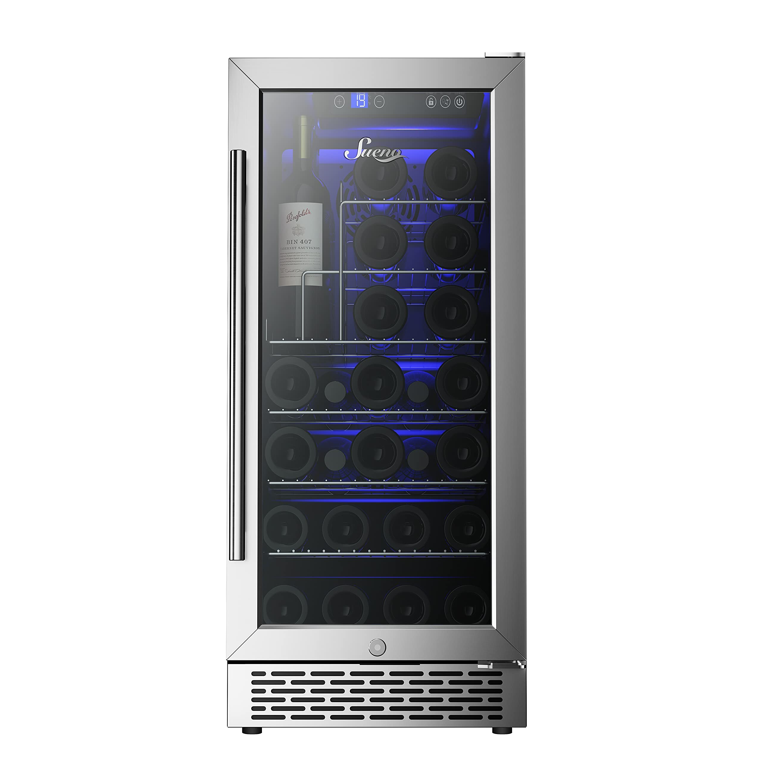 SUENO 15“ Undercounter Mini Fridge Freestanding Stainless Steel Wine Beverage Cooler Refrigerator 32 Bottles 90 Cans Double Glass Door Smart Control Temperature Memory Function Upright Space Storage