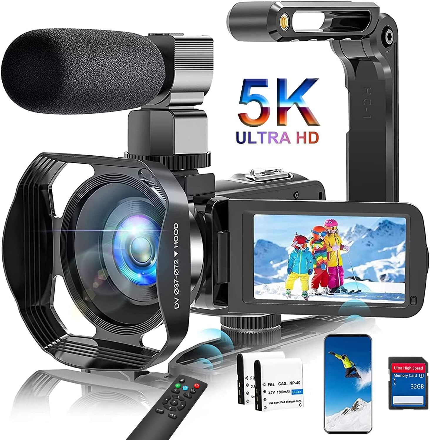 5K Camcorder Video Camera HD 64MP Camcorder 18X Digital Zoom with IR Night Version Vlogging Camera for Youtube 3.0" LCD Touch Screen with WIFI, Lens Hood, 32 GB SD Card and Remote Control, Microphone
