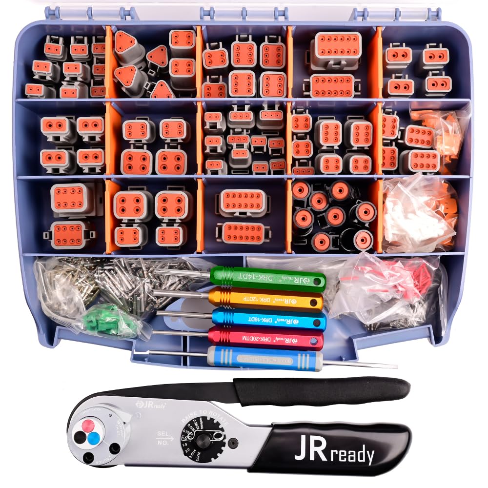 JRready ST6306-1 Deutsch Connector Master Kit with Deutsch Turret Style Crimp Tool JRD-HDT-48, DT DTM DTP DTHD Connectors with Size 12 16 20 Solid Contacts Wire Gauge 12-22AWG