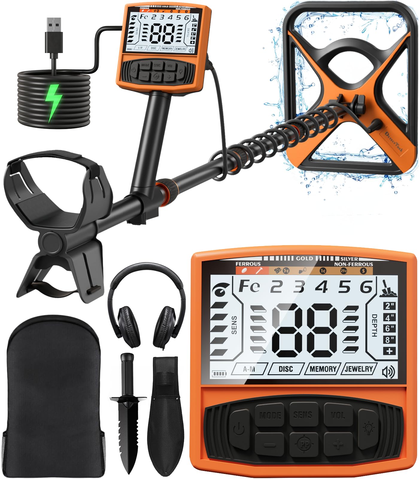 DetectTrek Metal Detector for Adults Rechargeable, 11" Professional Higher Precision Waterproof Coil, 5 Modes Gold Detector with 4000 mAh Lithium Battery, Easy to Use, M55, Orange