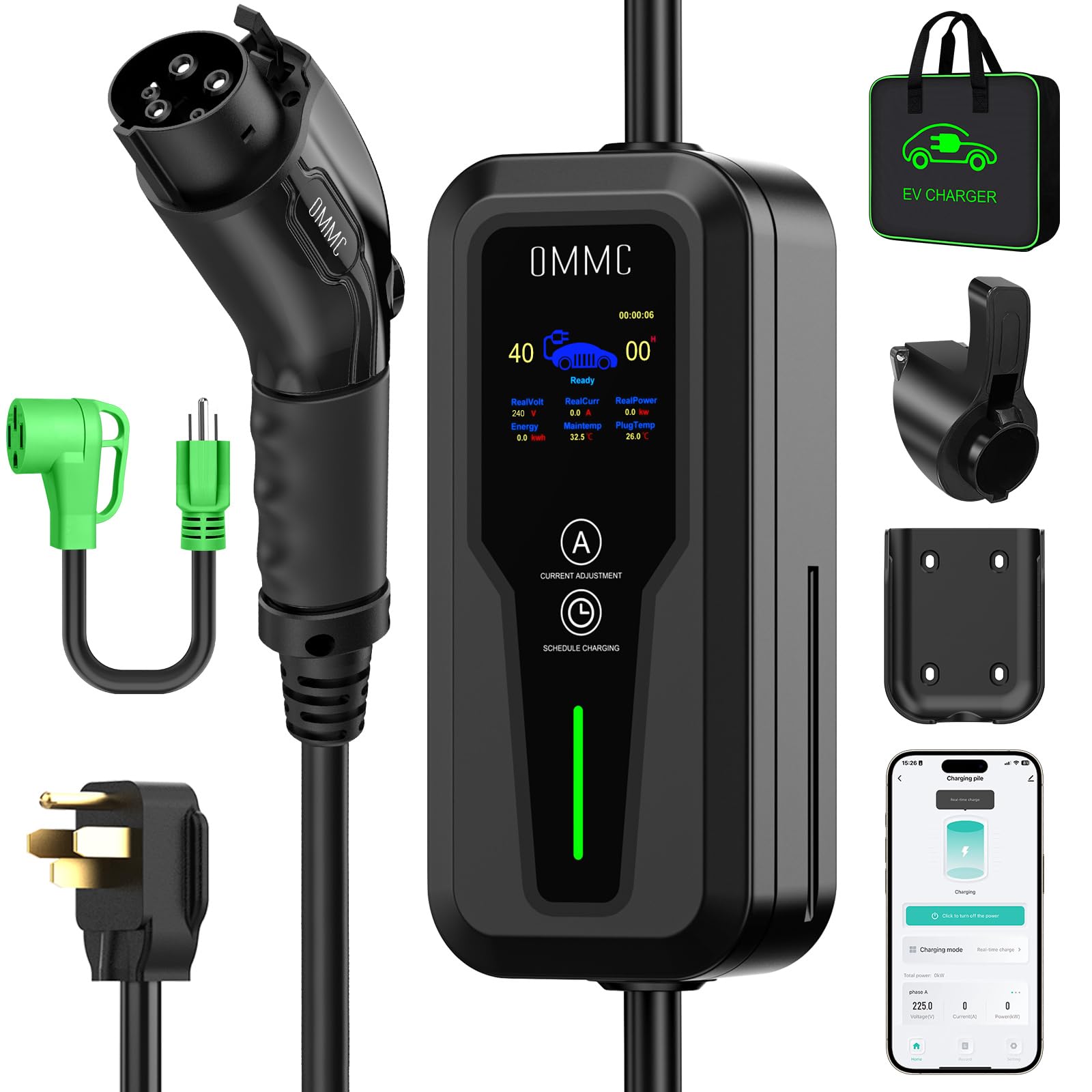 OMMC Level 2 EV Charger 40Amp - 240V Electric Vehicle Portable Charging Stations with NEMA 14-50, 25FT Cable, Smart APP, 9.6KW Turbo Charge, Plug & Play for J1772 SAE/PHEVs