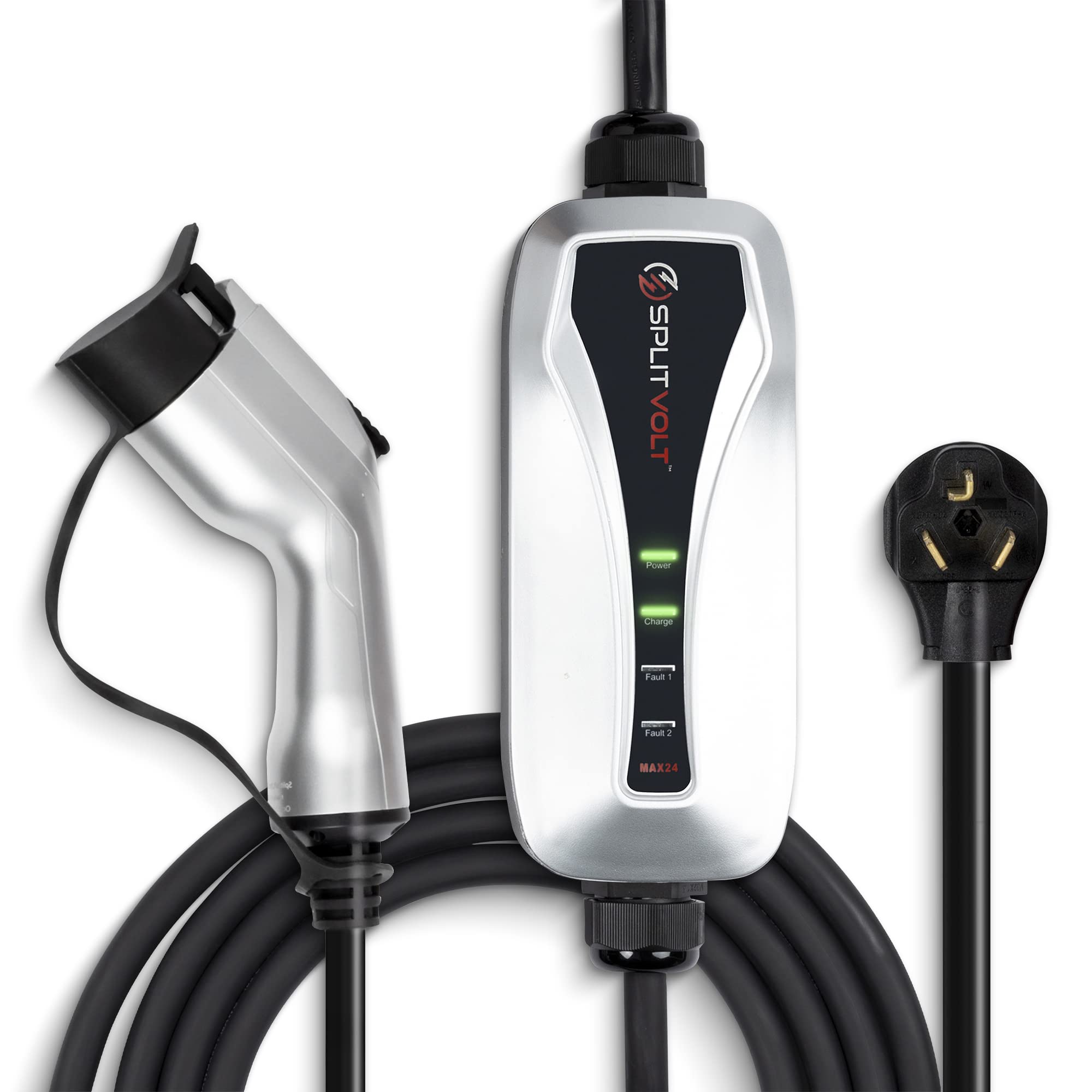 Splitvolt NEMA 10-30 Level 2 Portable EV Charger 24 Amp, 220-240 Volt, 26ft Cable, Electric Vehicle Charger Plug-in EV Charging Station, J1772 Plug Fastest 30 Amp Circuit NEC-Safe Charging
