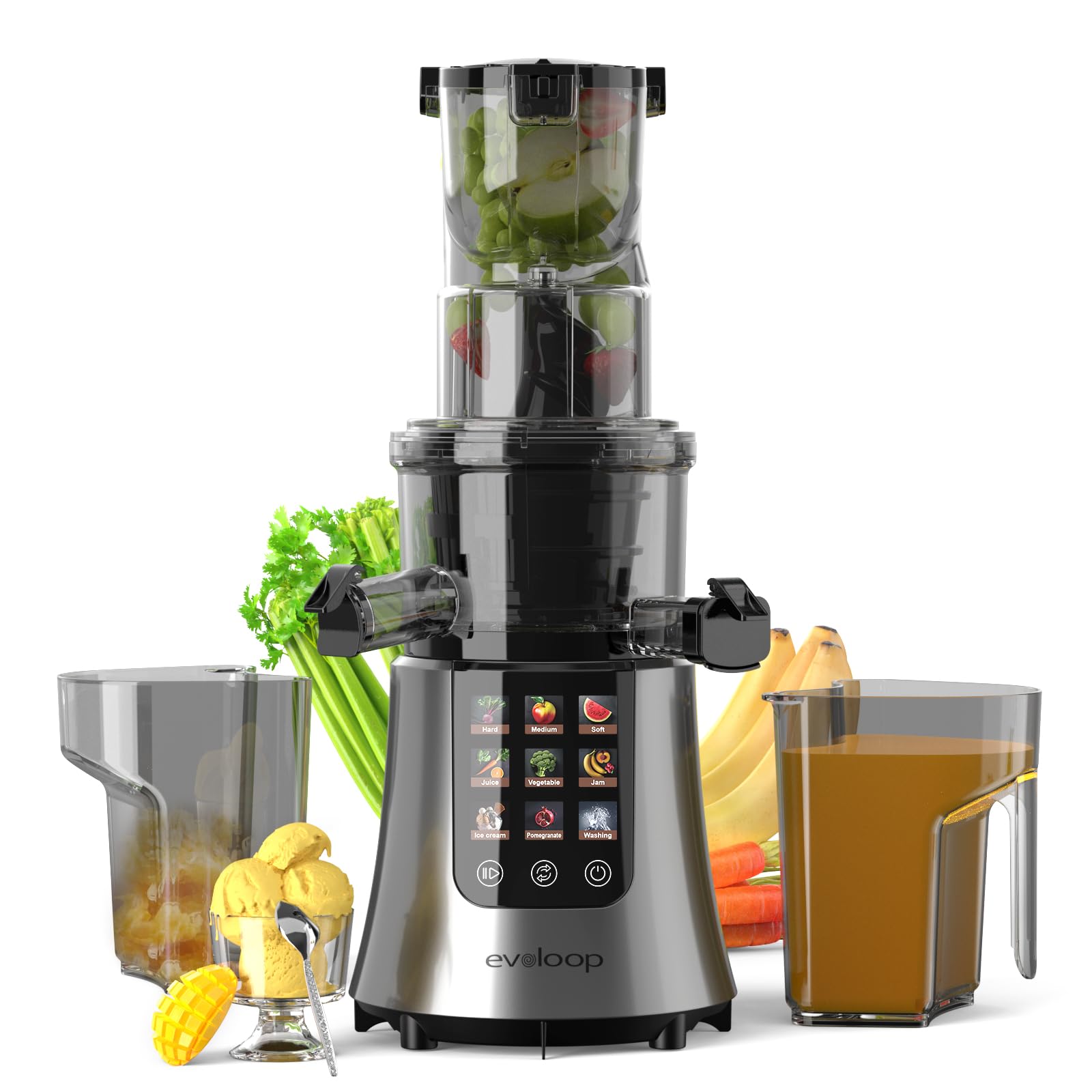 Cold Press Juicer Machines, 2-in-1 Masticating Juicer for Juice & Ice Cream, 200W Touchscreen Slow Juicer Extractor with 3.2" Feed Chute for Fruits and Vegetables, Easy to Clean with Brush