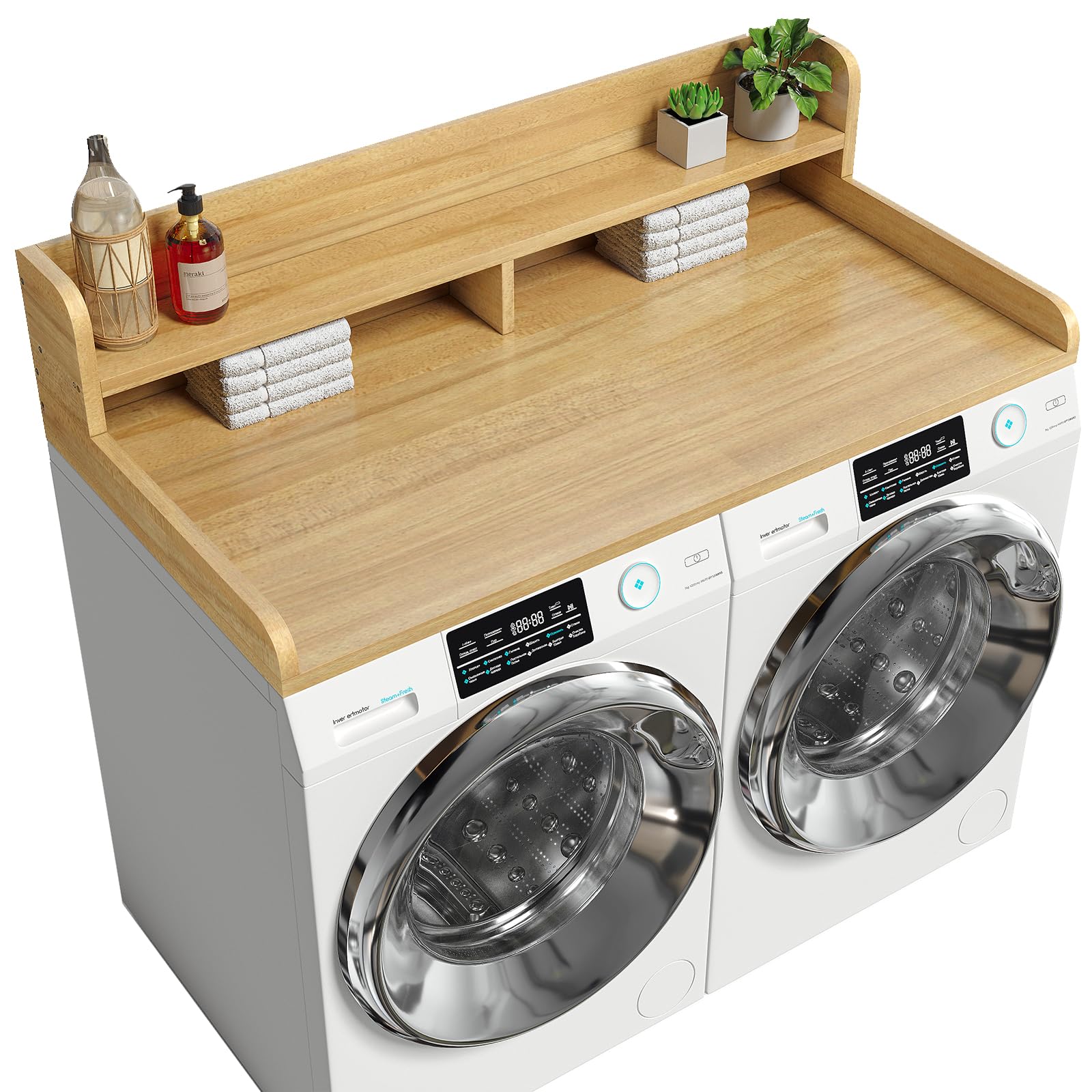 Corbyles 2-Tier Washer Dryer Countertop with 2.75"H Edge Rails, 54" W x 27.55" D Laundry Countertop for Folding Clothes, Washer and Dryer Topper with Non-Slip Pad (Pure Wood Color)