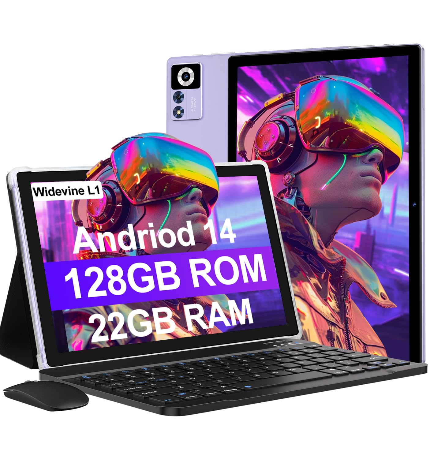 2025 Android 14 Tablet 22GB RAM 128GB ROM 1TB Expand, 10.1 inch 8000mAh Octa-Core Tablet with Keyboard & Mouse, HD IPS Display, 5G Wi-Fi, Bluetooth 5.0, GPS, Widevine L1, Split Screen -Metal Purple