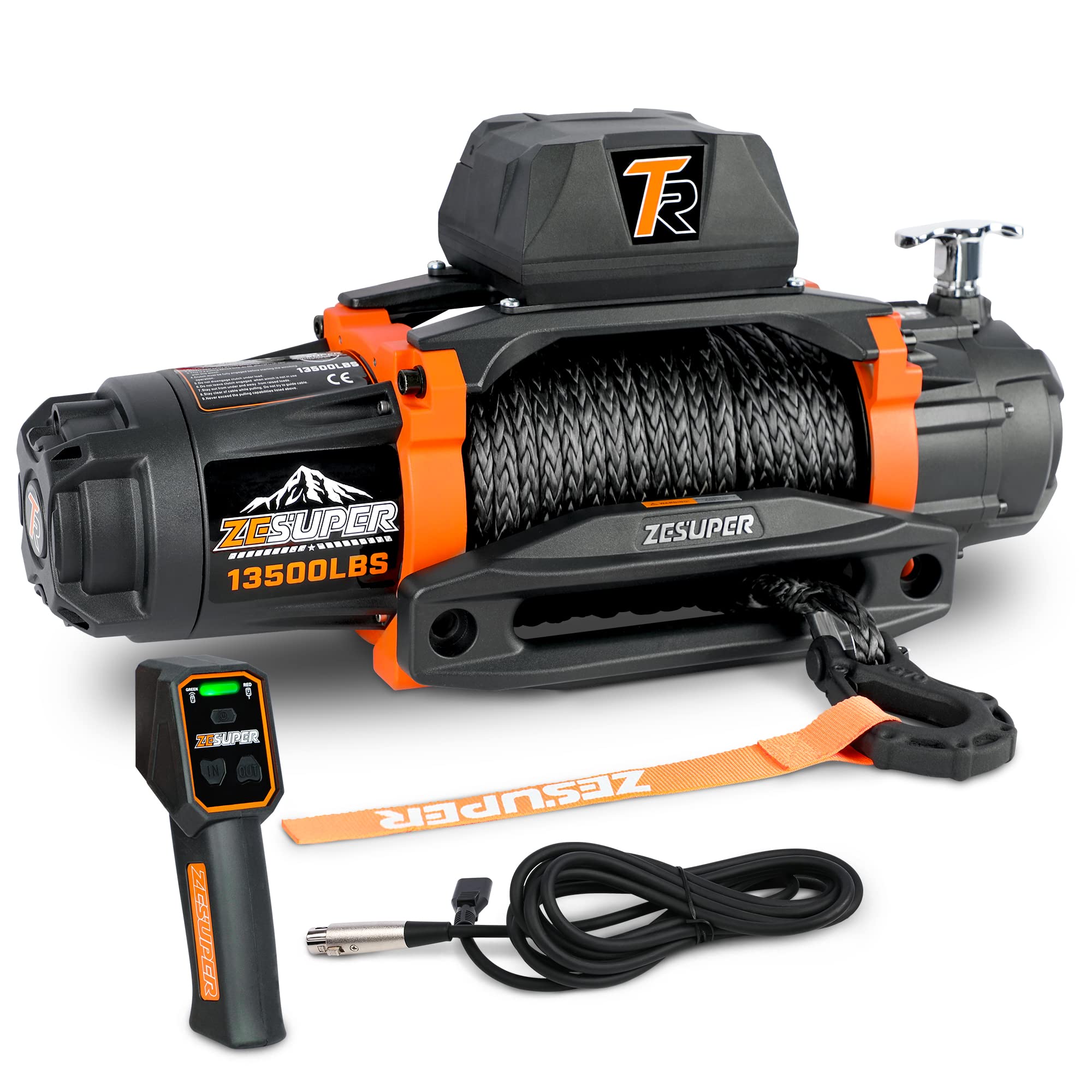 ZESUPER 12V 13500 lb Load Capacity Electric Winch Synthetic Rope Hook Winch Kit Waterproof IP66 Electric Winch with Hawse Fairlead and 2 in 1 Wired Handle and Wireless Remote
