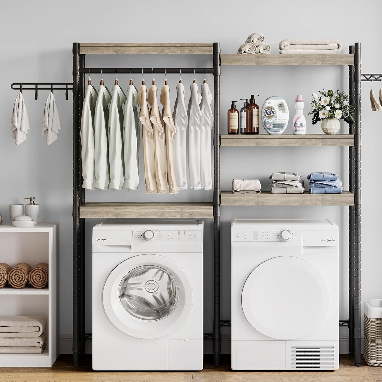IDEALHOUSE Over The Washer and Dryer Storage Shelf- Laundry Room Organization Space Saving Laundry Drying Clothes Racks Heavy Duty Adjustable Height Bathroom Shelf for Home Decor (Wood, 30" A+B)