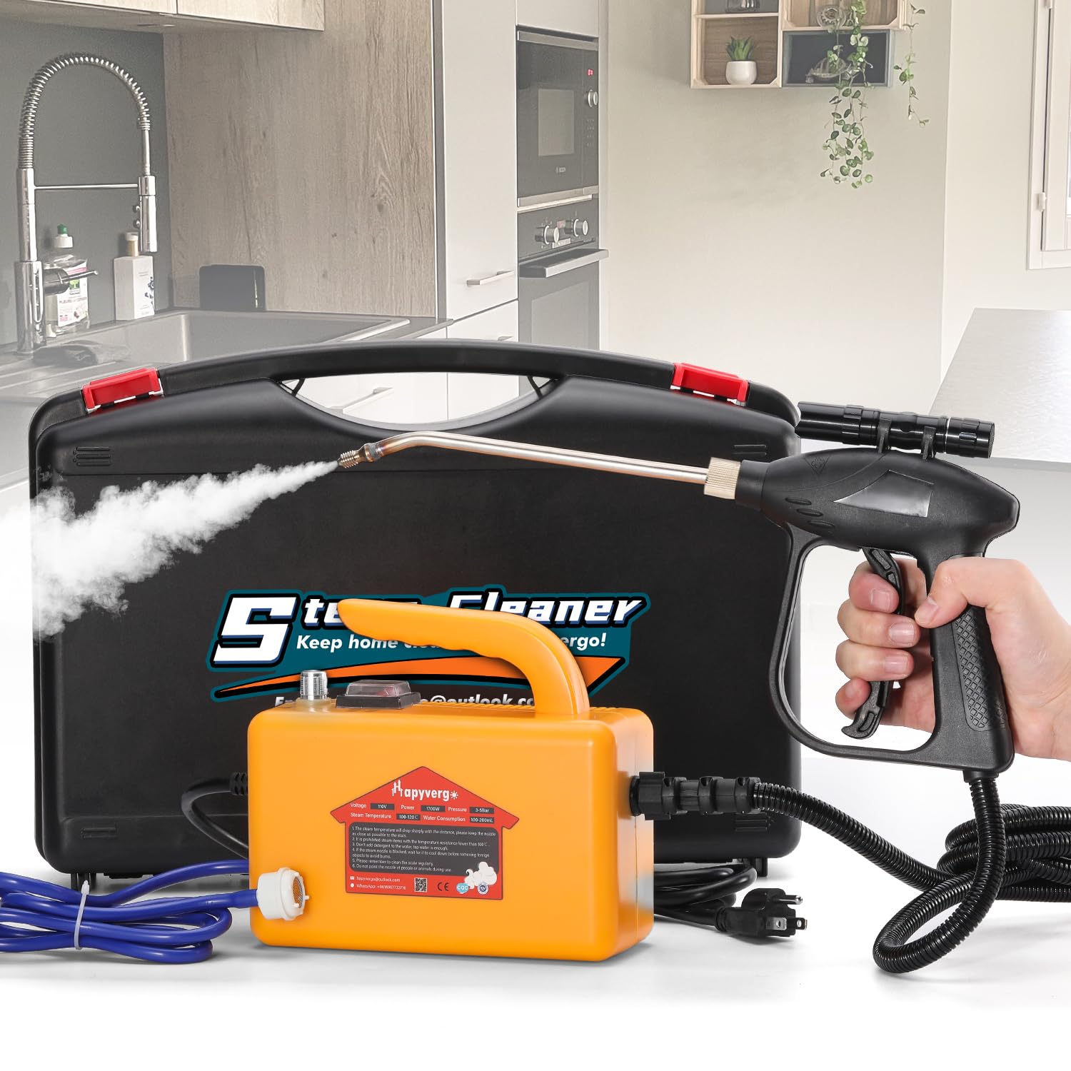 Hapyvergo High Pressure Steam Cleaner, 1700W Handheld Steamer for Cleaning Grout Tile, Hand Held Portable Steam Pressure Washer for Car Cleaning Steamer High Heat for Home 110V