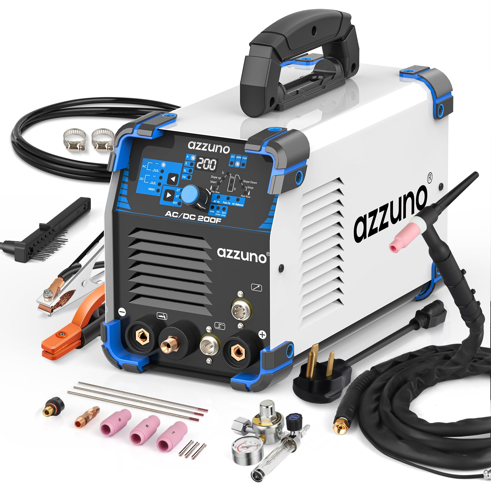 AZZUNO AC/DC TIG Welder 200A with Pulse 110V/220V, Aluminum TIG Welding Machine, ACDC TIG/PULSE TIG/SPOT TIG/Stick Welder Machine