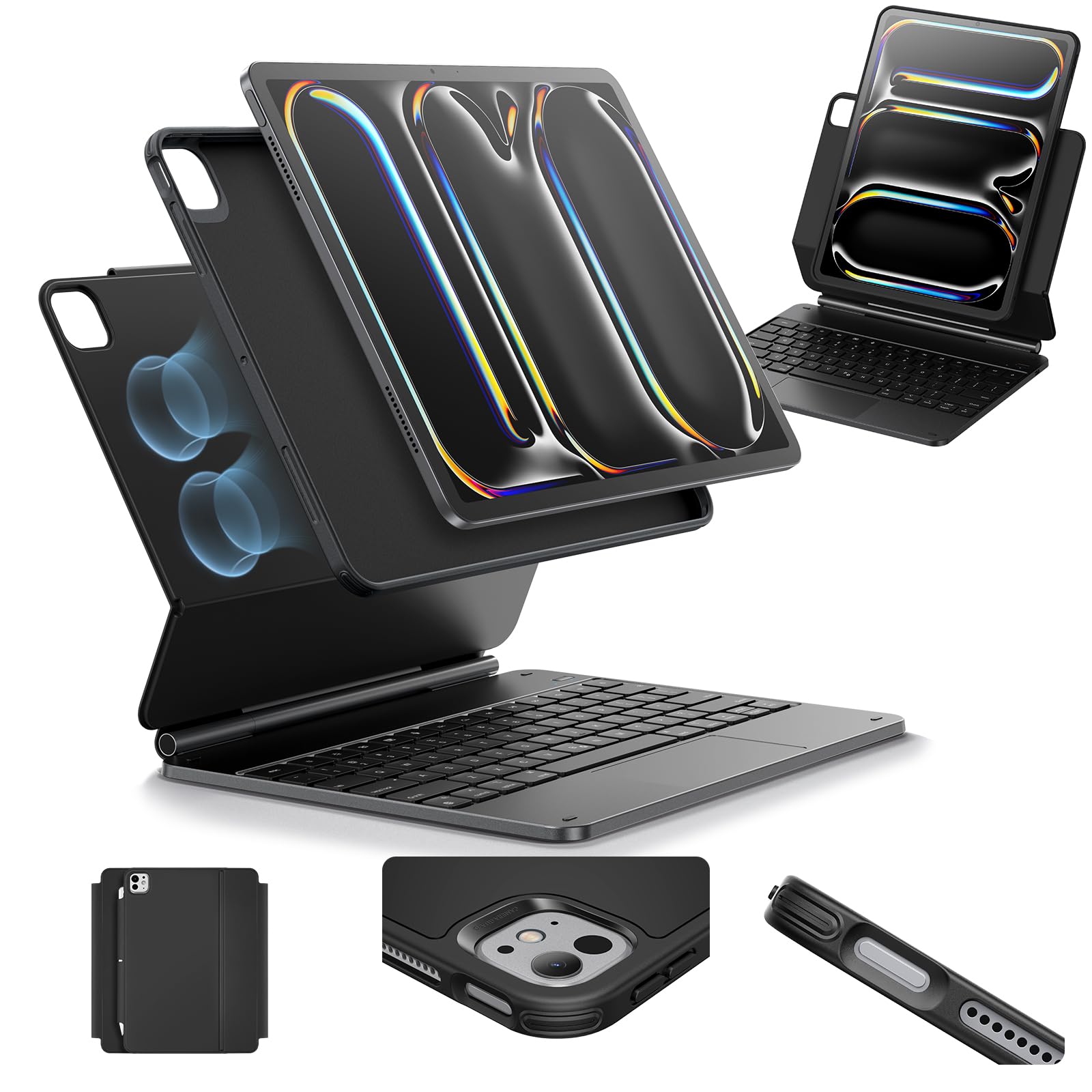 ESR iPad Pro 13 Inch Case with Keyboard (M4, 2024), iPad Pro 13 Keyboard Case with Easy-Set Magnetic Stand, Portrait/Raised Modes for iPad Pro 13 Keyboard, Removable Case, Rebound 360 Series, Black