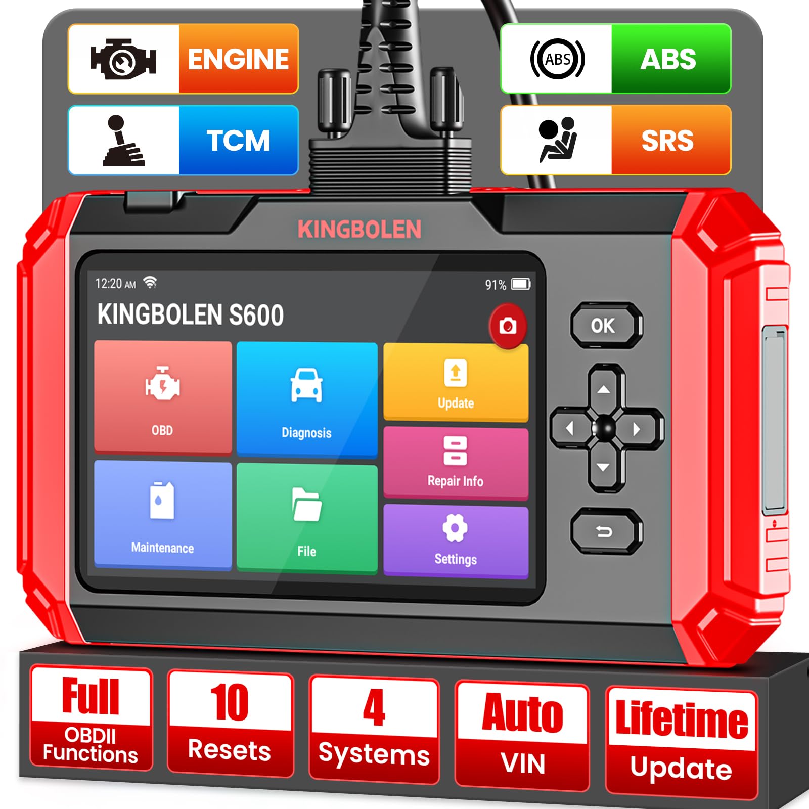 KINGBOLEN S600 OBD2 Diagnostic Scanner,4 Systems Code Reader for Engine,AT,SRS,ABS,10 Services Automotive Scan Tool with OIL Reset,TPMS,D-P-F,BRAKE,SAS,AFS,ABS-Bleed,Inject etc,AutoVIN,Lifetime Update
