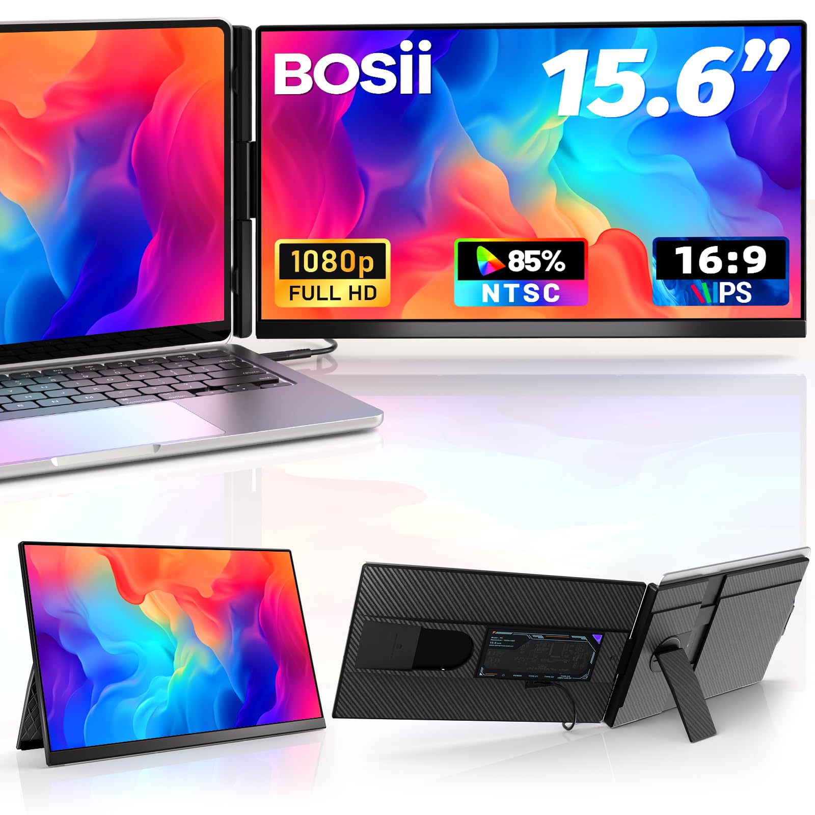 BOSII Laptop Screen Extender Monitor - 15.6 Inch Dual IPS FHD 1080P HDMI/USB-A/Type-C Extended Portable Monitor for 13-17.3" Laptops Compatible with Windows Mac Travel Work