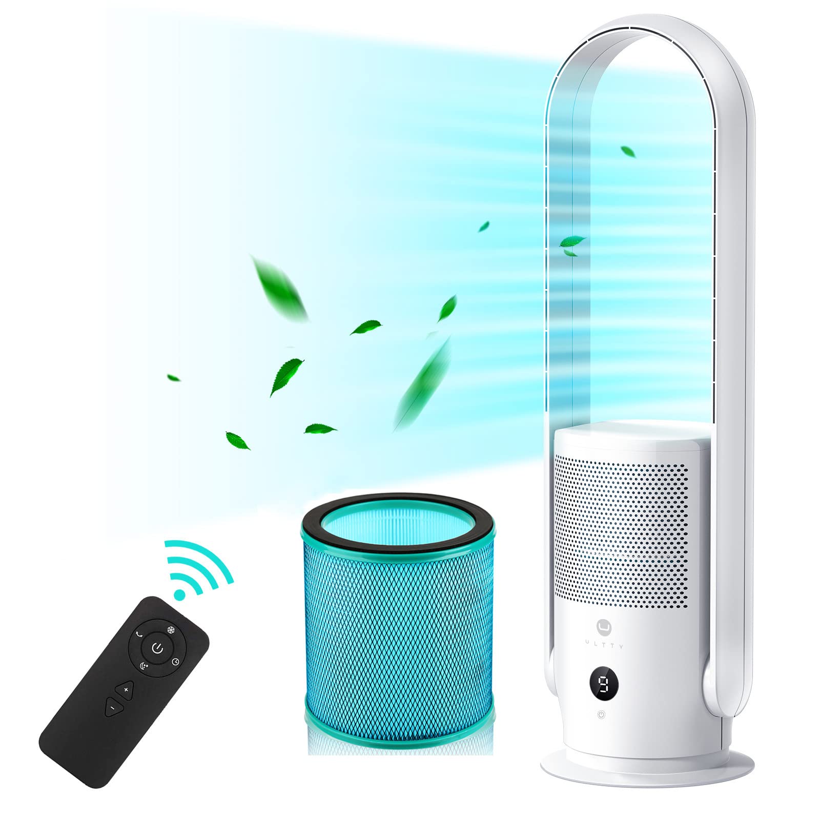 U ULTTY Bladeless Tower Fan and Air Purifier in one, True HEPA Filter 99.97% Smoke Dust Pollen Dander, Oscillating Tower Fan with Remote Control CR022D, White