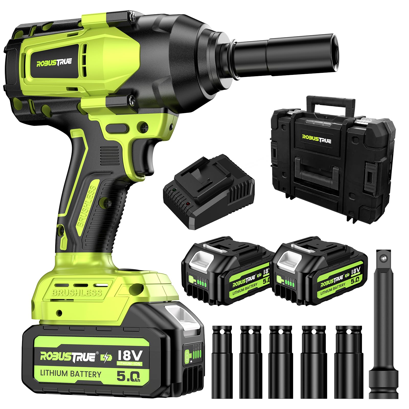Robustrue 1200Nm (860ft-lbs) Cordless Impact Wrench, 1/2 High Torque Brushless Impact Gun, 2300RPM Power, 2 x 5.0Ah Batteries, Fast Charger, Impact Wrench for Heavy Duty Truck RV Mower