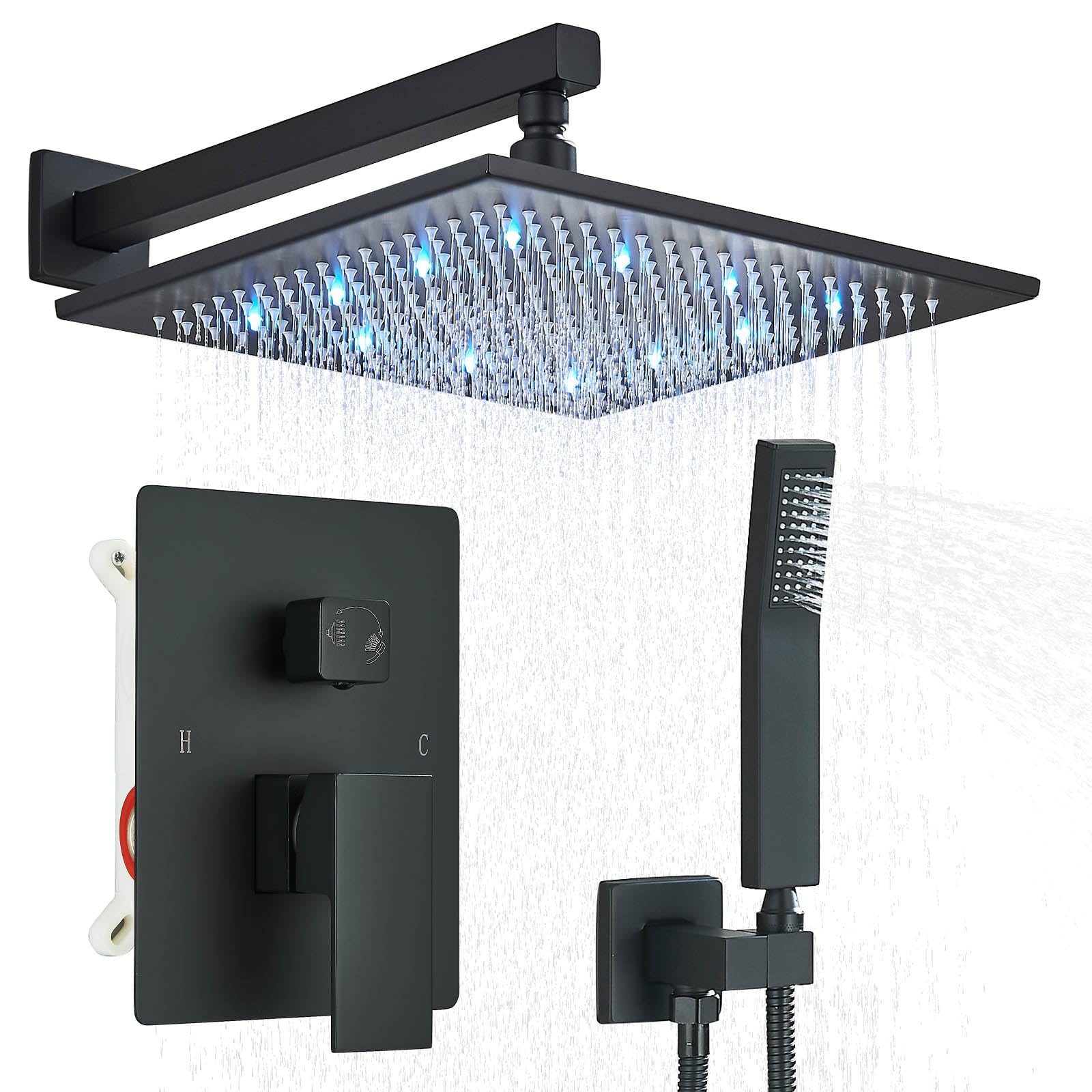 12 inches LED Rainfall Shower Head with Brass Handheld Rain Shower System Shower Faucets Sets Complete or Bathroom Rough-in Valve Body and Trim Included Matte Black