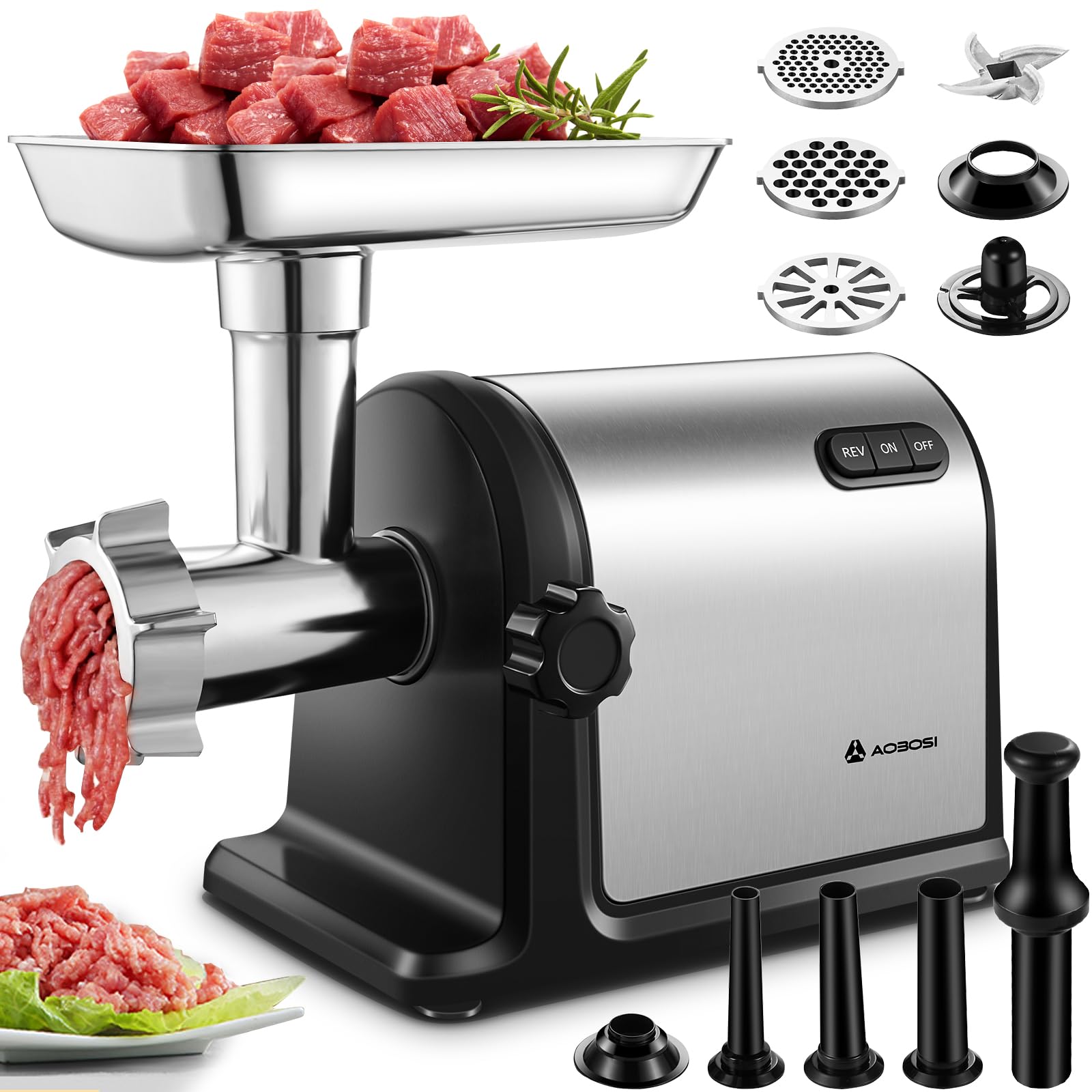 AAOBOSI Electric Meat Grinder [3000W] Heavy Duty Stainless Steel Meat Mincer with 3 Grinding Plates, 3 Sausage Stuffer Tubes & Kubbe Attachments,Easy One-Button Control