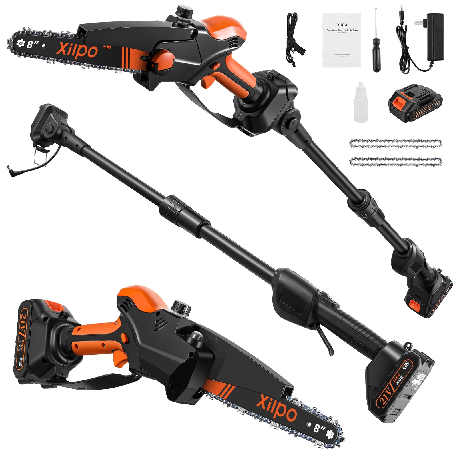 Xilpo 2-in-1 Cordless Pole Saw,8 Inch Electric Pole Chainsaw for Tree Trimming with 21V Battery, Auto Oiling, 15 FT Max Extension Portable Pole Saws for Aerial logging, pruning, landscaping