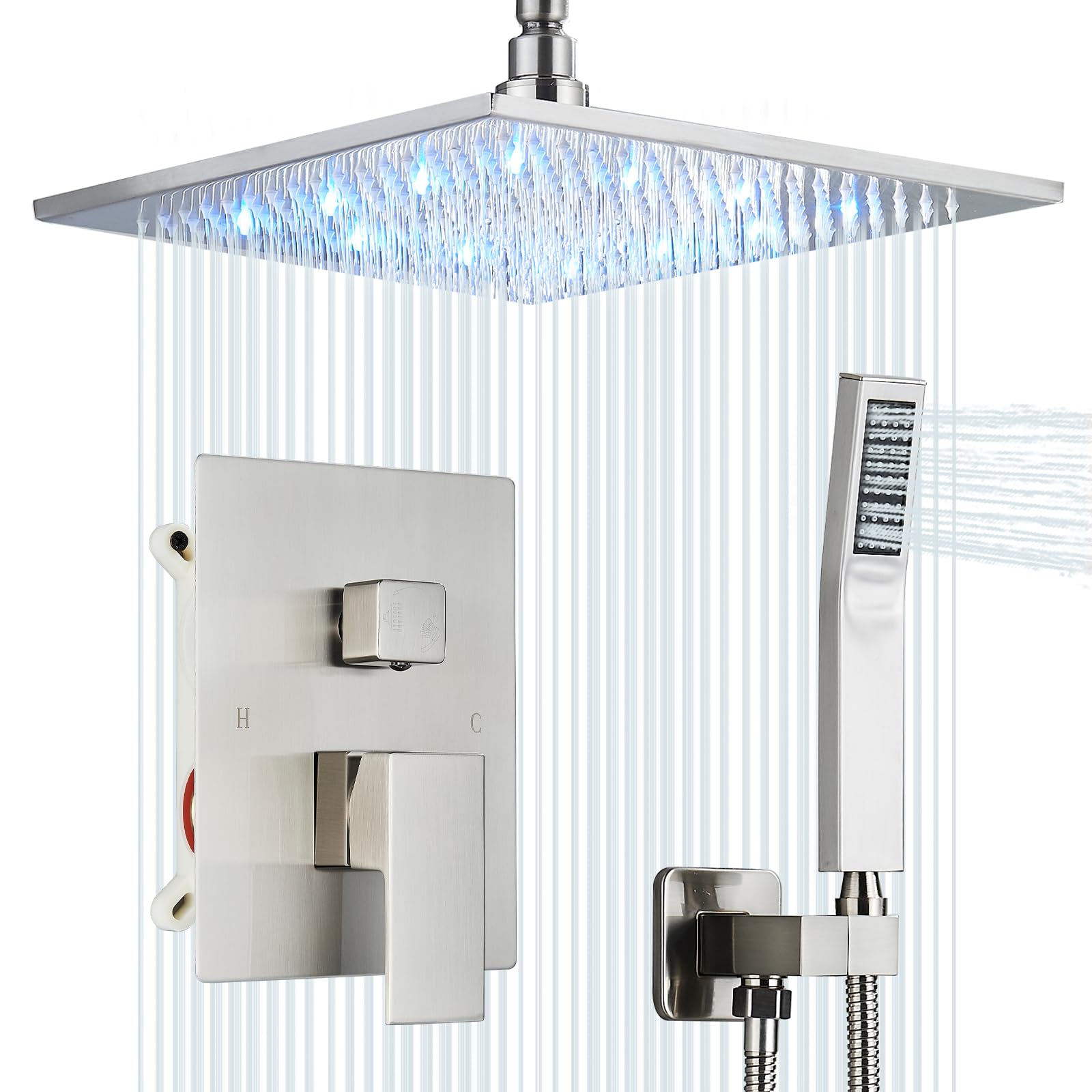 Shower System 12 Inch LED Square Showerhead Shower Faucet Set Shower Kit with Handheld Spray SUS304 Stainless Steel Shower Trim Kit Handheld shower with Rough-in Valve Brushed Nickle…