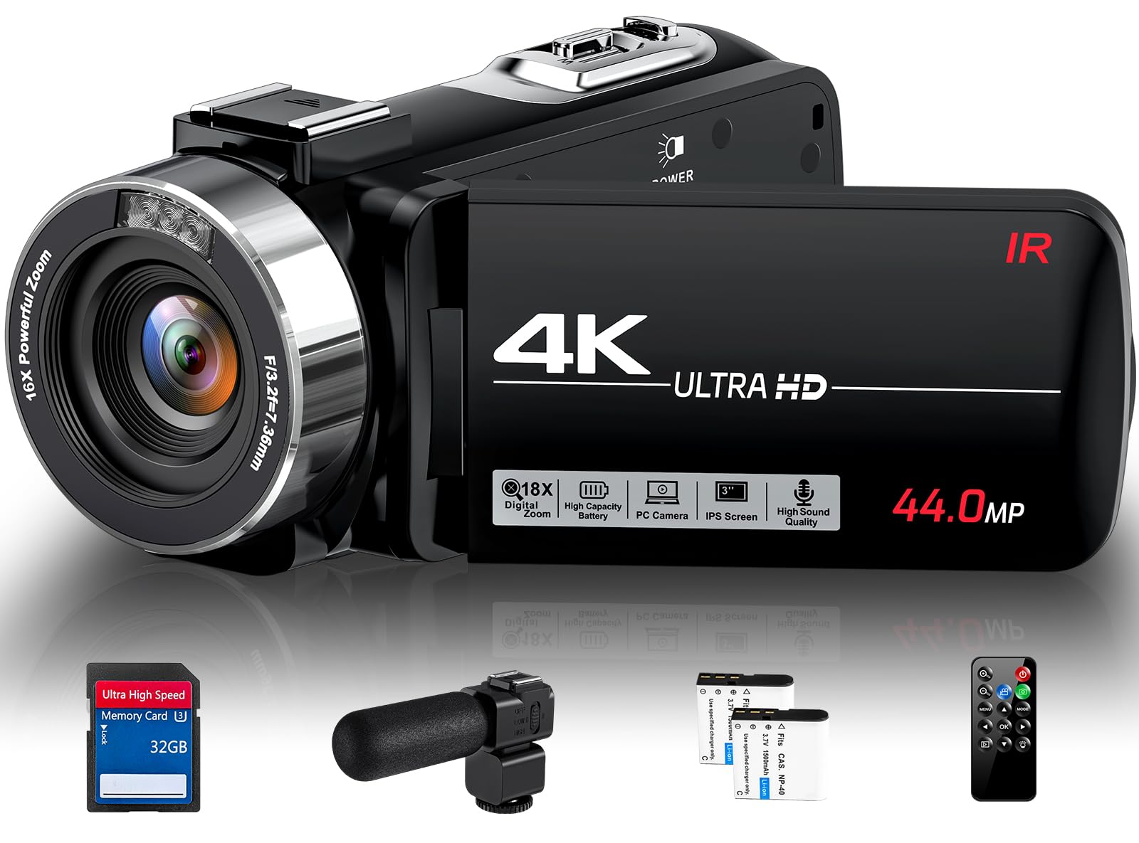 DINGETU 4K Video Camera Camcorder Ultra 44MP Vlogging Camera for YouTube 18X Digital Zoom Camcorder 3.0" IPS Screen IR Night Vision with External Mic, Controller, 2 Batteries and 32G SD Card