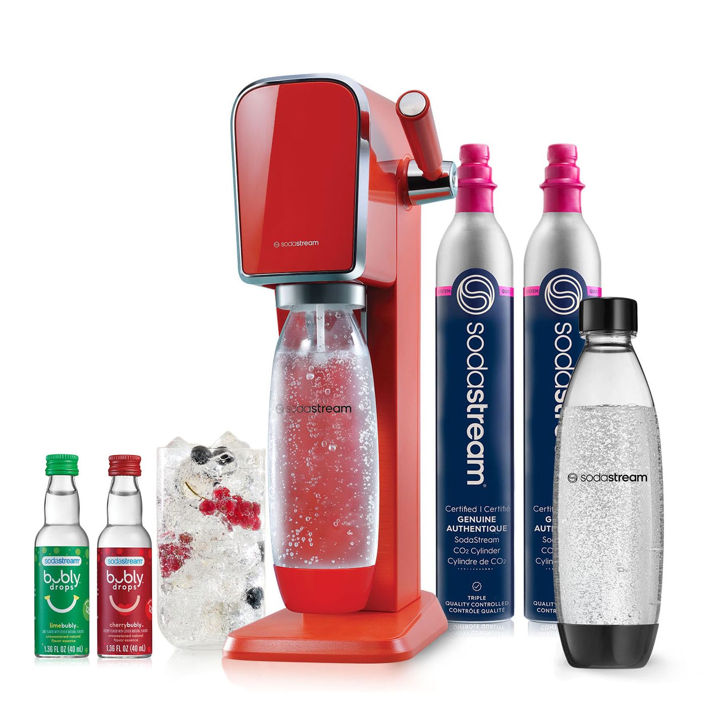 SodaStream - ART Sparkling Water Maker | VALUE BUNDLE | CQC CO2 system | Includes 2x CO2 Cylinders, 2x 32 Fl Oz Dishwasher Safe Bottles, 2x Bubly Flavor Drops | Combine with Flavors | Mandarin Red