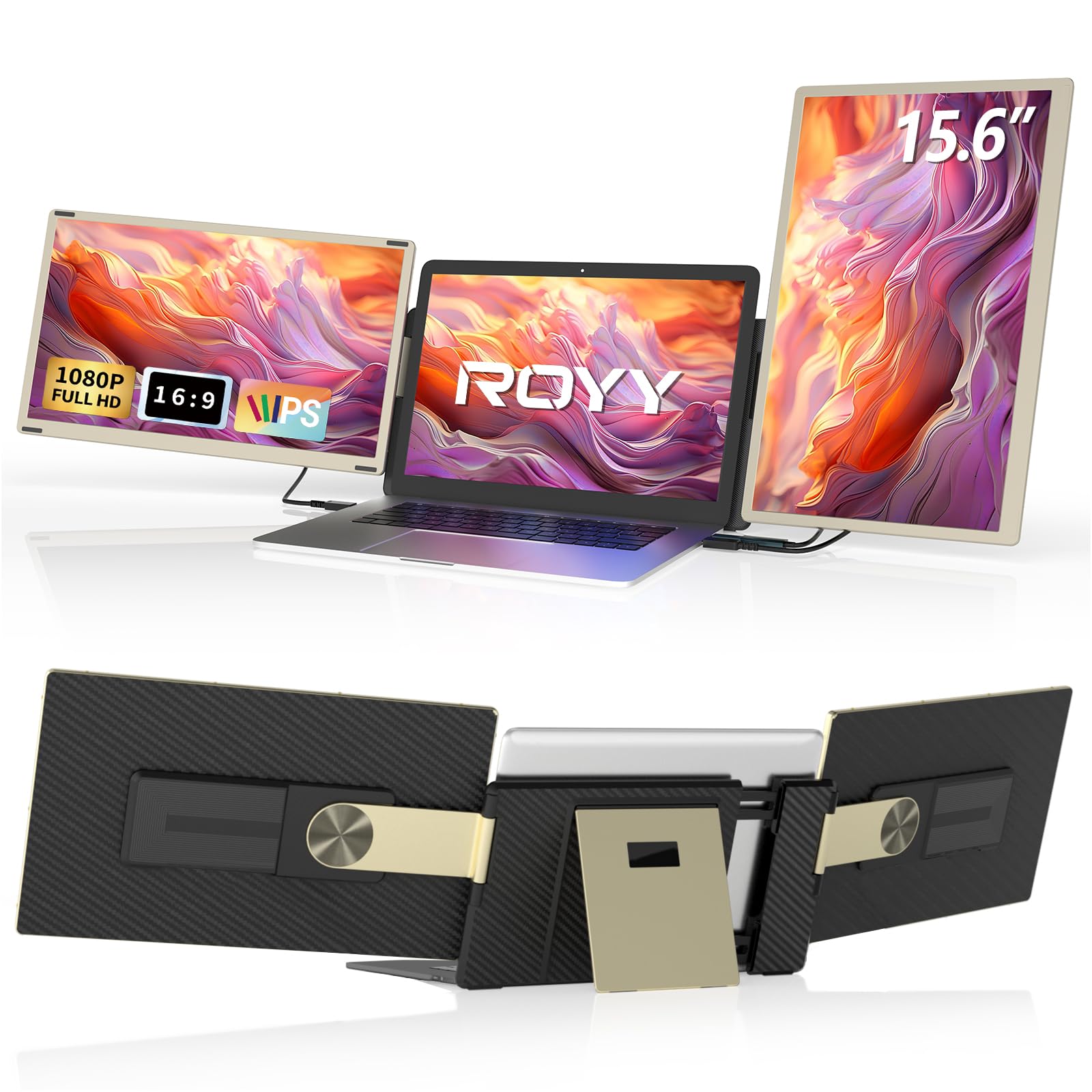 ROYY Laptop Screen Extender Portable Monitor - 14" FHD 1080P IPS Triple Extra Screen with HDMI USB-C Port Compatible with Windows Mac Chrome Plug n Play Travel Work Fits 13-17" Laptops
