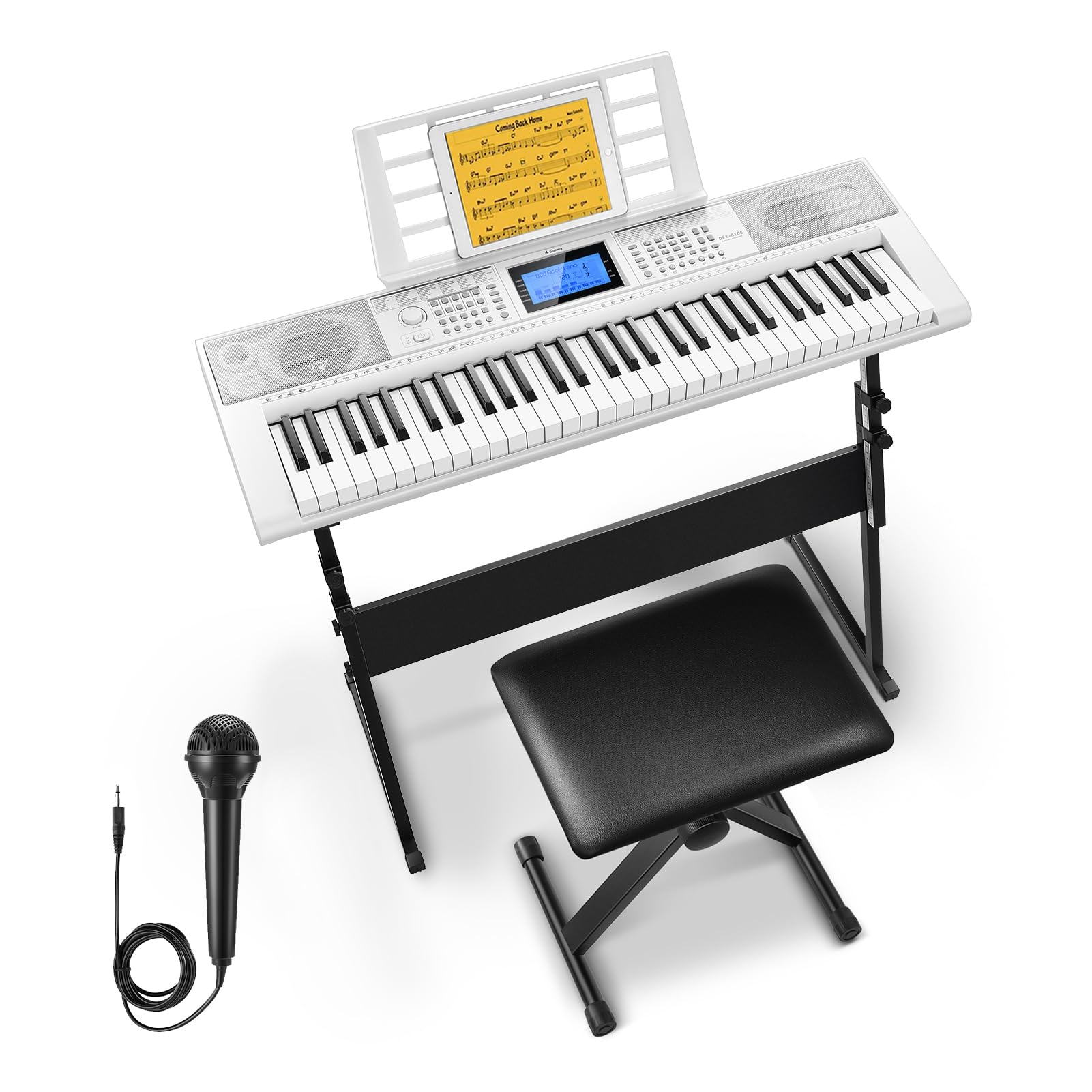 Donner Keyboard Piano 61 Key, Electric Keyboard Kit with 249 Voices, 249 Rhythms - Includes Piano Stand, Stool, Microphone, Gift for Beginners, White(DEK-610S)